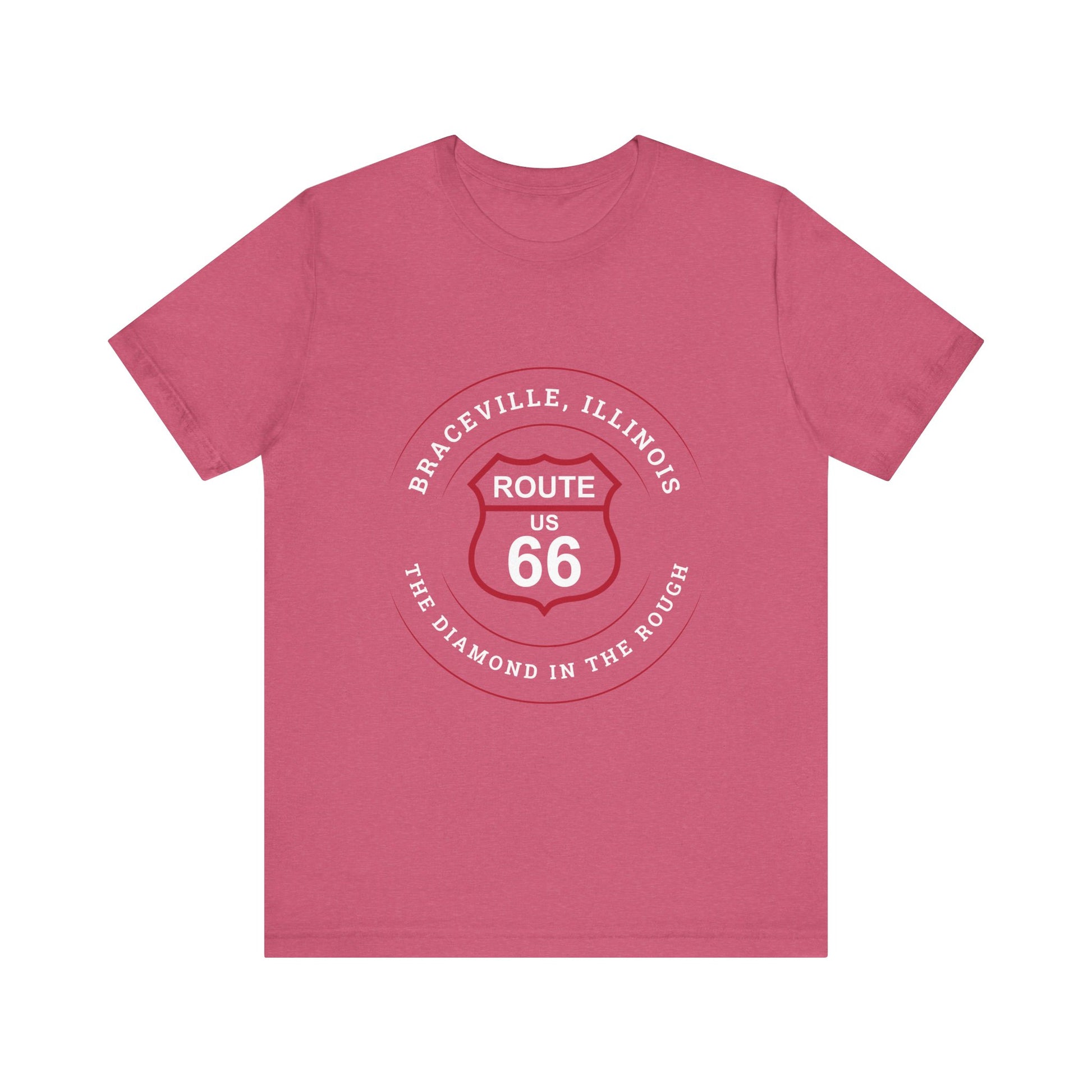 Heather raspberry retro Route 66 unisex jersey tee with Braceville, IL: "The Diamond in the Rough" design