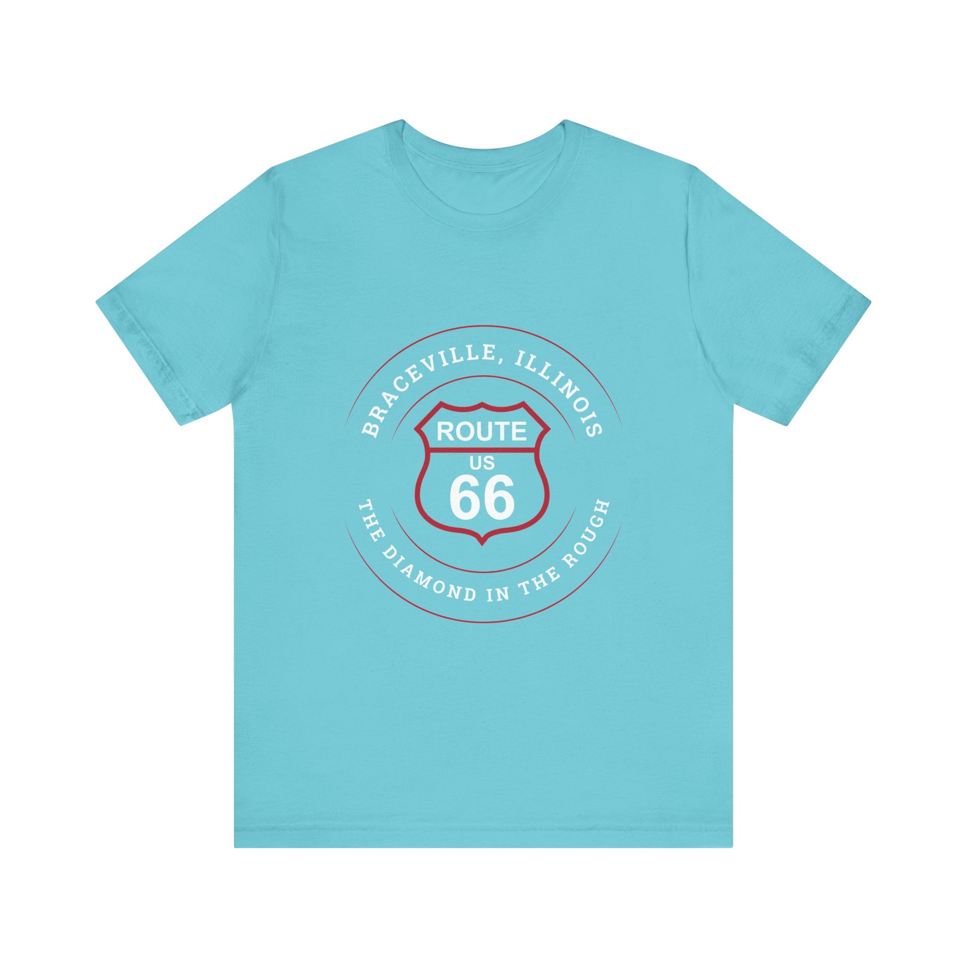 Turquoise retro Route 66 unisex jersey tee with Braceville, IL: "The Diamond in the Rough" design