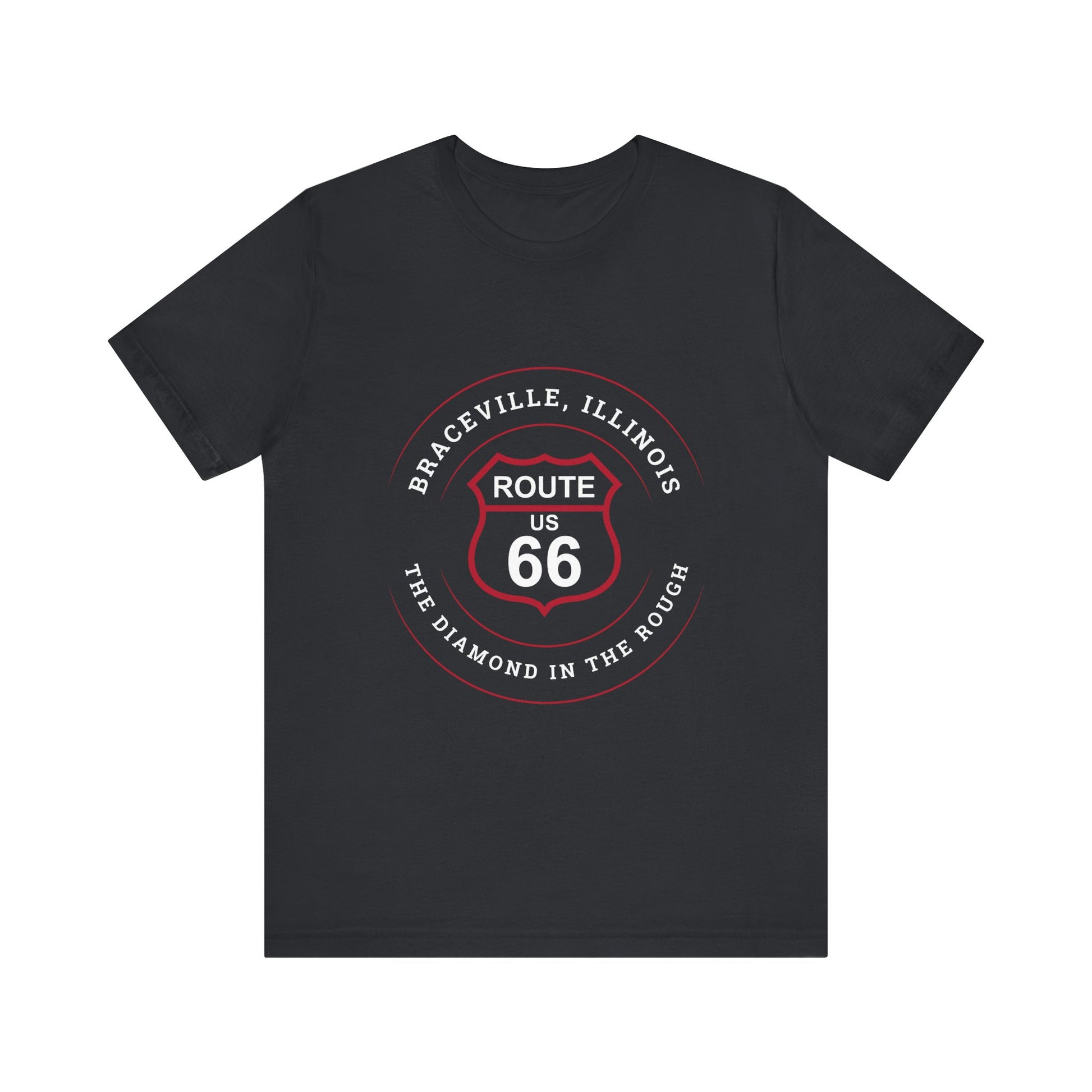 Vintage black retro Route 66 unisex jersey tee with Braceville, IL: "The Diamond in the Rough" design