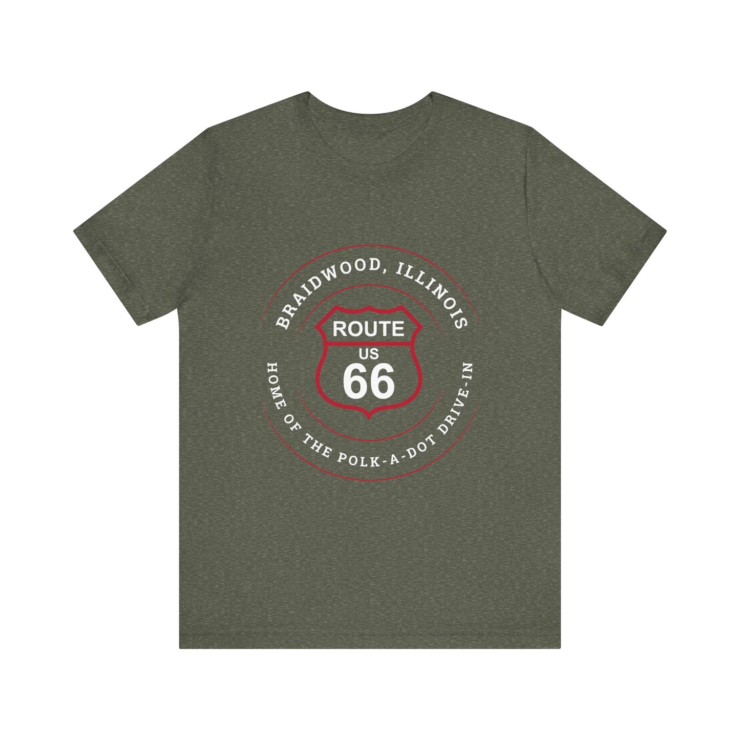 Heather military green retro Route 66 unisex jersey tee with Braidwood, IL: "Home of the Polk-a-Dot Drive-In" design