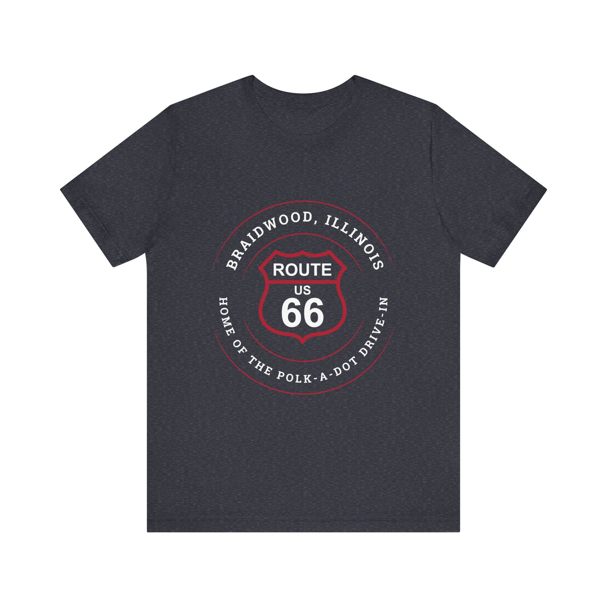 Heather navy retro Route 66 unisex jersey tee with Braidwood, IL: "Home of the Polk-a-Dot Drive-In" design