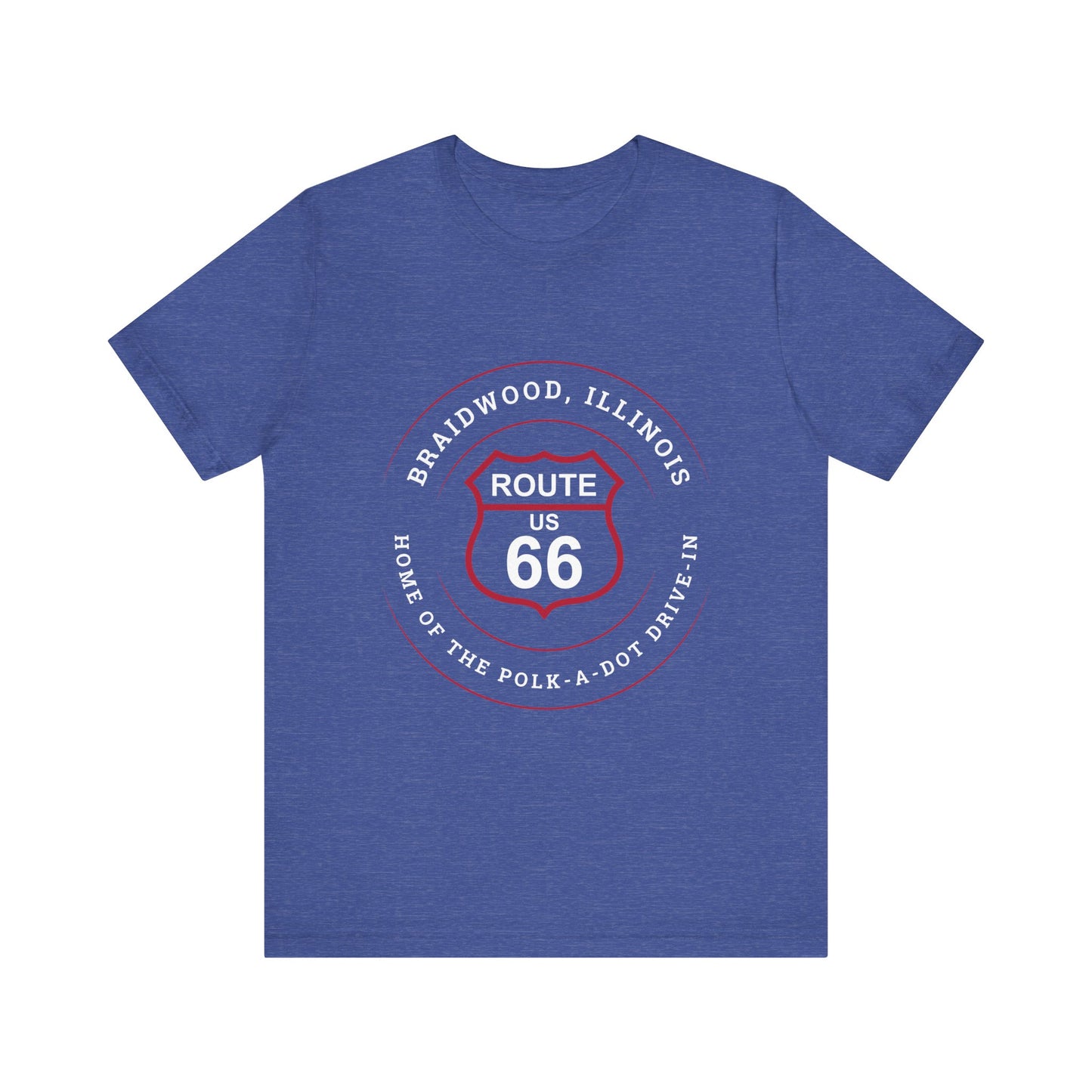 Heather true royal retro Route 66 unisex jersey tee with Braidwood, IL: "Home of the Polk-a-Dot Drive-In" design