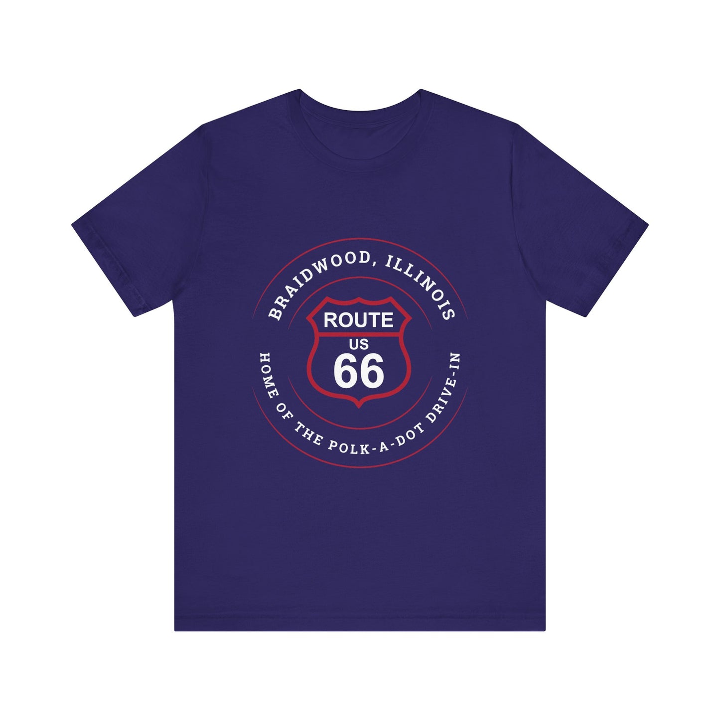Team navy retro Route 66 unisex jersey tee with Braidwood, IL: "Home of the Polk-a-Dot Drive-In" design