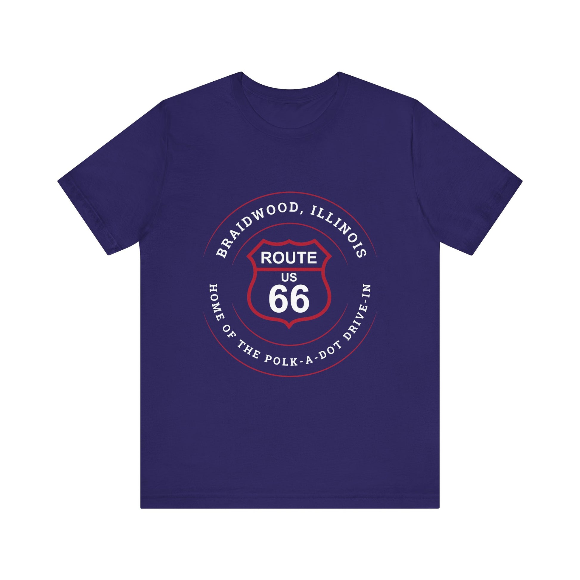 Team navy retro Route 66 unisex jersey tee with Braidwood, IL: "Home of the Polk-a-Dot Drive-In" design