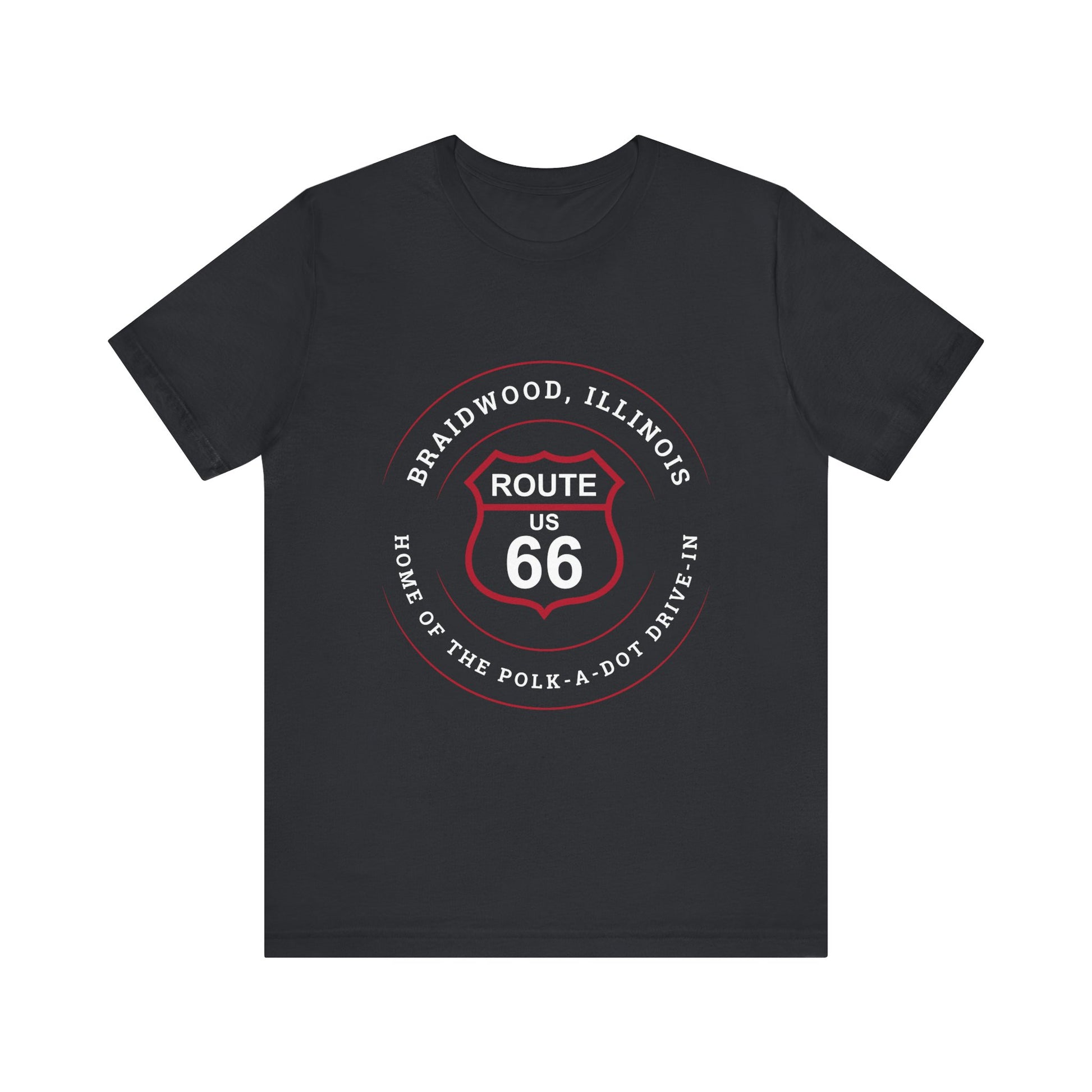 Vintage black retro Route 66 unisex jersey tee with Braidwood, IL: "Home of the Polk-a-Dot Drive-In" design