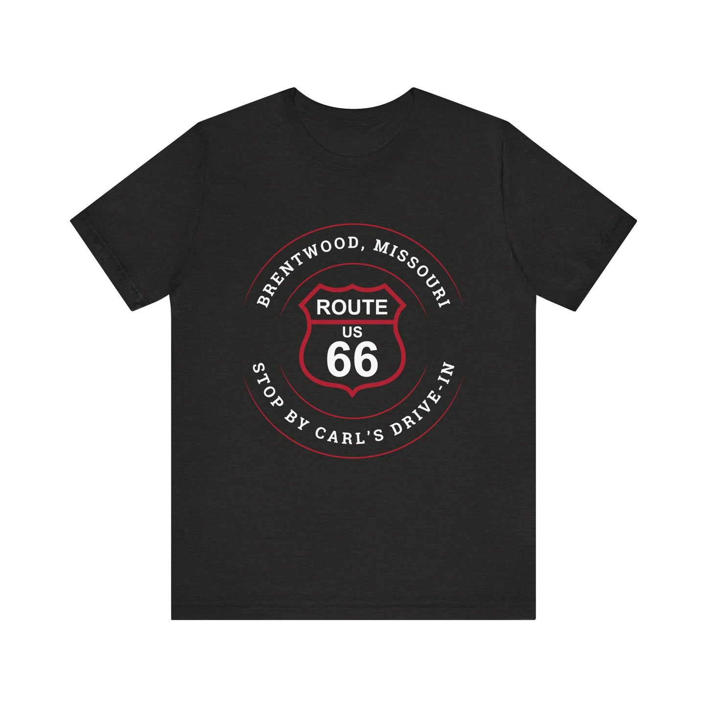 Black heather retro Route 66 unisex jersey tee with Brentwood, MO: "Stop By Carl's Drive-In" design