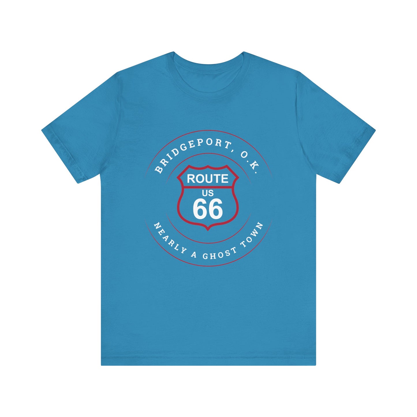 Aqua retro Route 66 unisex jersey tee with Bridgeport, OK "Almost a Ghost Town" design