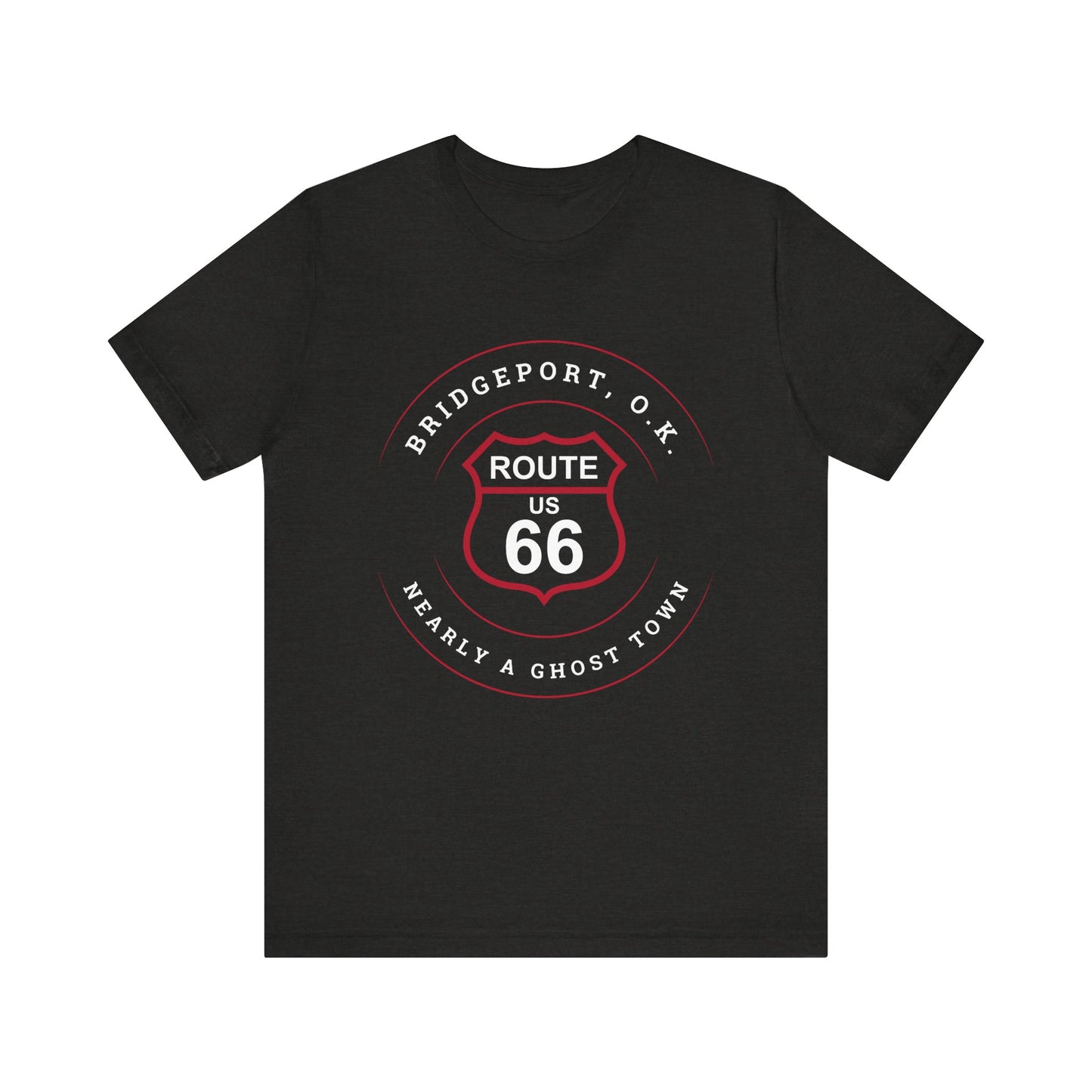 Black heather retro Route 66 unisex jersey tee with Bridgeport, OK "Almost a Ghost Town" design