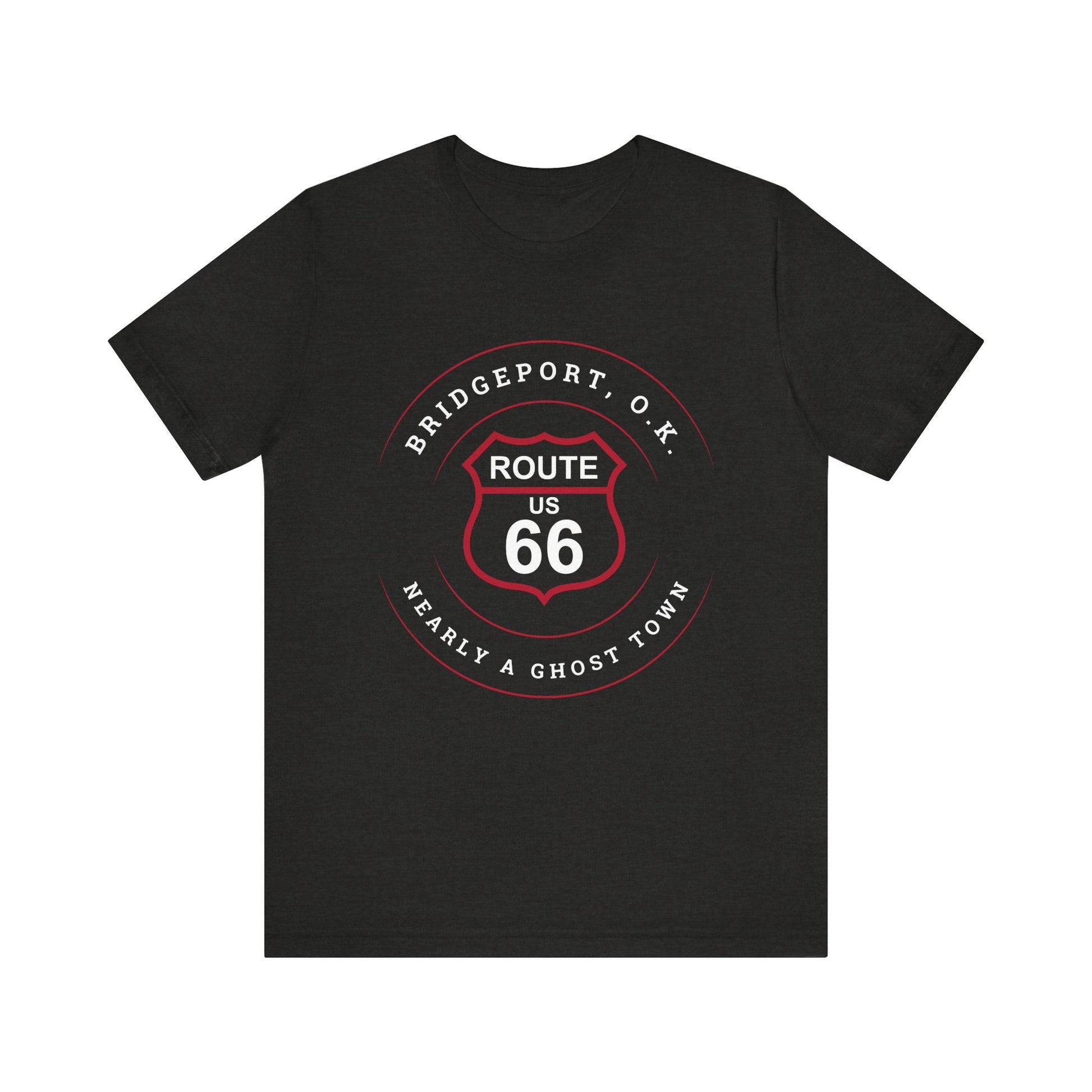 Black heather retro Route 66 unisex jersey tee with Bridgeport, OK "Almost a Ghost Town" design