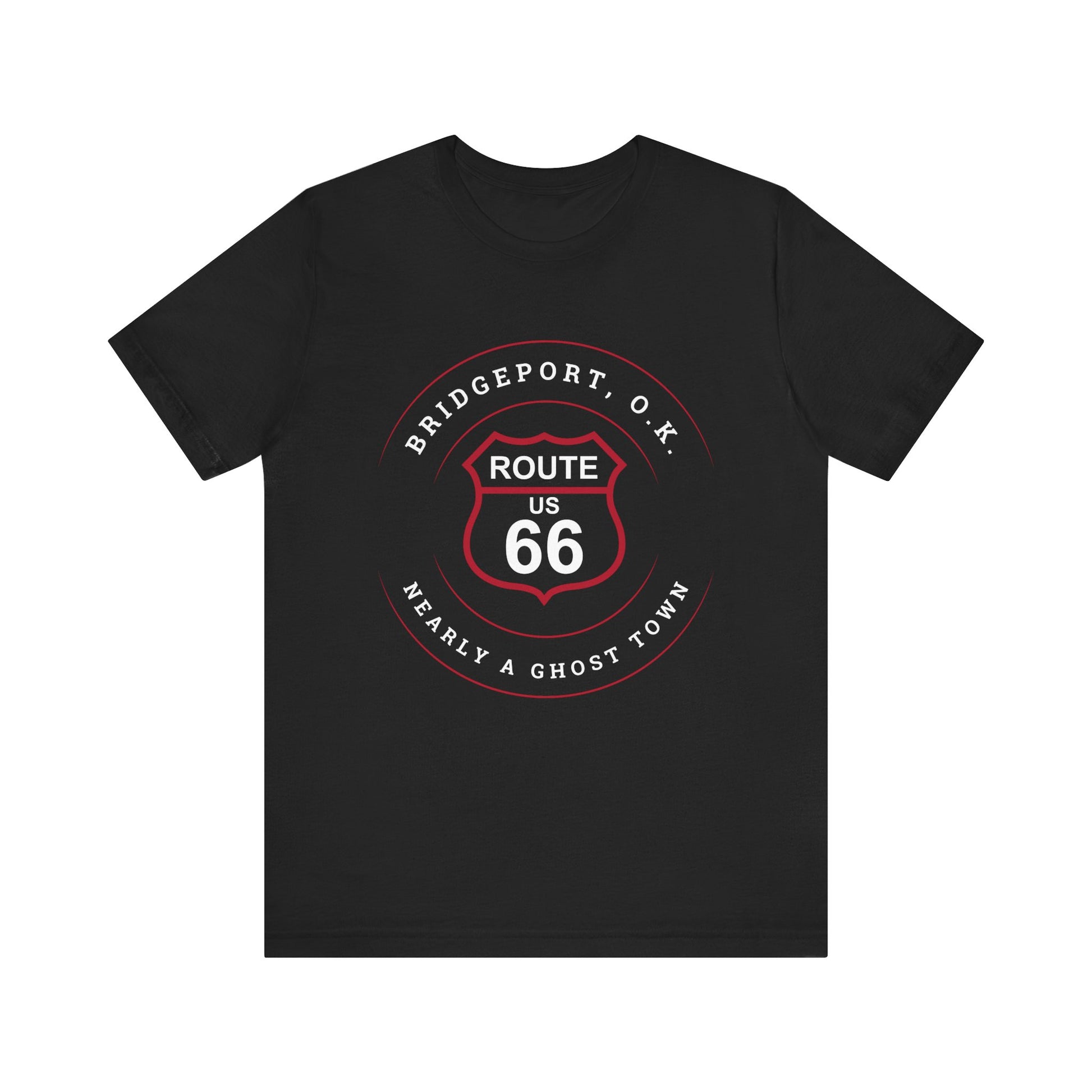 Black retro Route 66 unisex jersey tee with Bridgeport, OK "Almost a Ghost Town" design