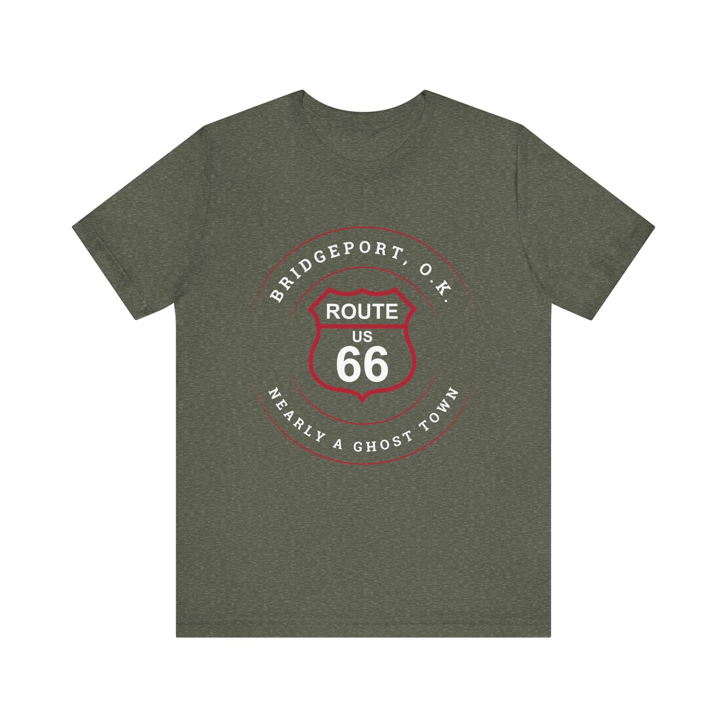 Heather military green retro Route 66 unisex jersey tee with Bridgeport, OK "Almost a Ghost Town" design