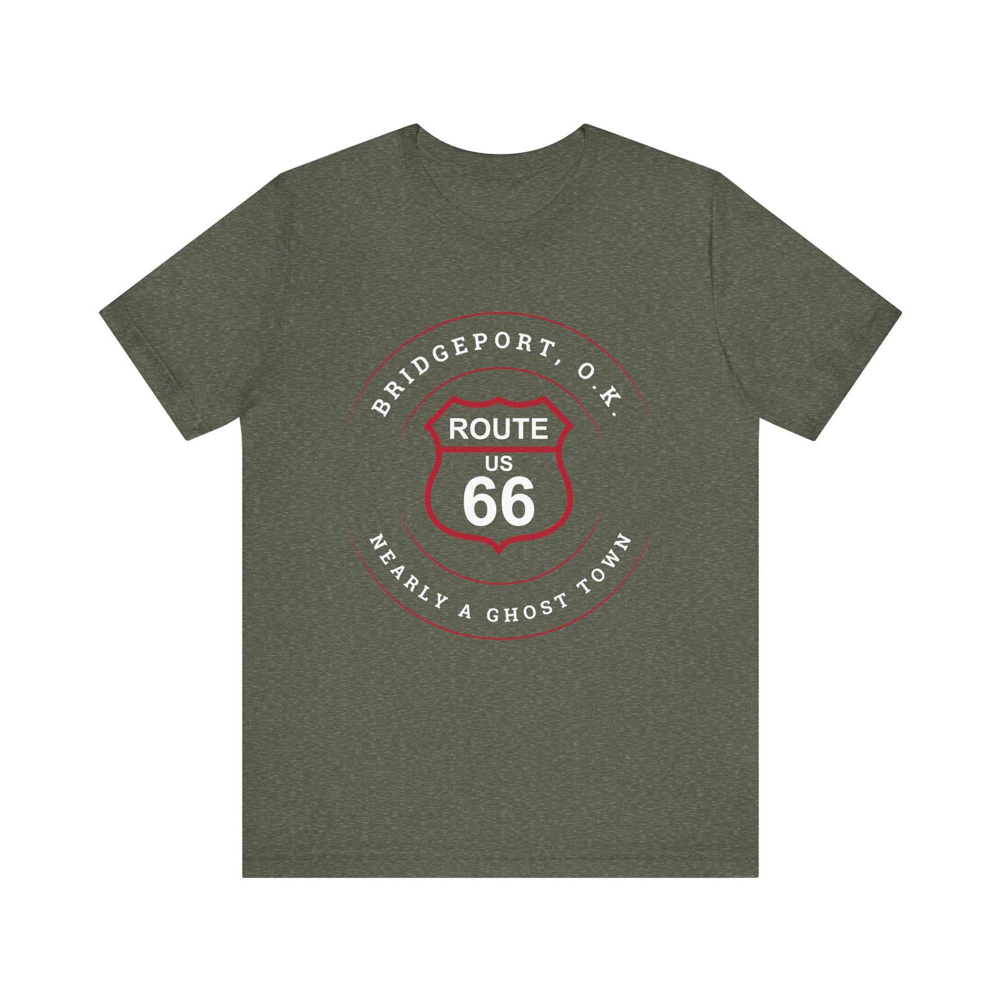 Heather military green retro Route 66 unisex jersey tee with Bridgeport, OK "Almost a Ghost Town" design