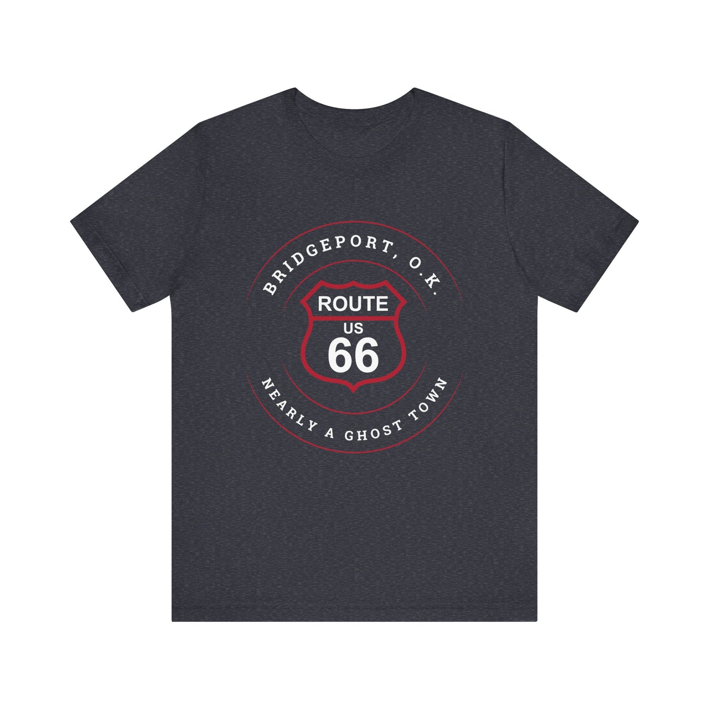 Heather navy retro Route 66 unisex jersey tee with Bridgeport, OK "Almost a Ghost Town" design