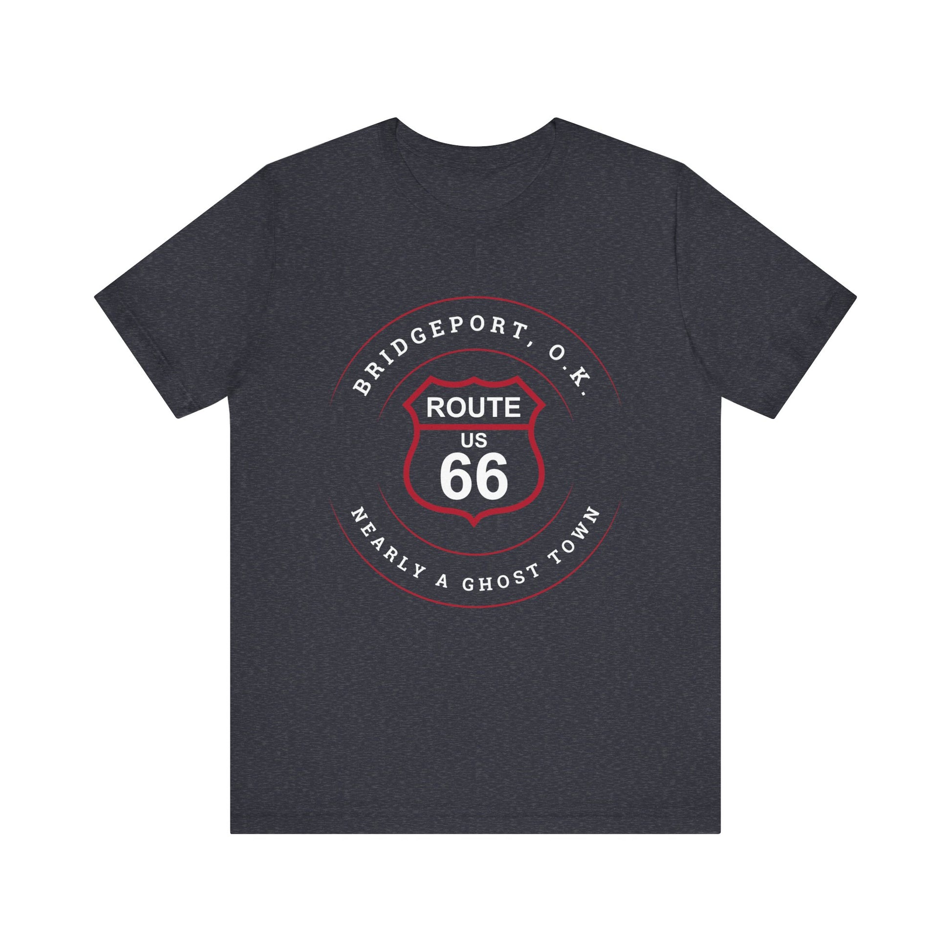 Heather navy retro Route 66 unisex jersey tee with Bridgeport, OK "Almost a Ghost Town" design