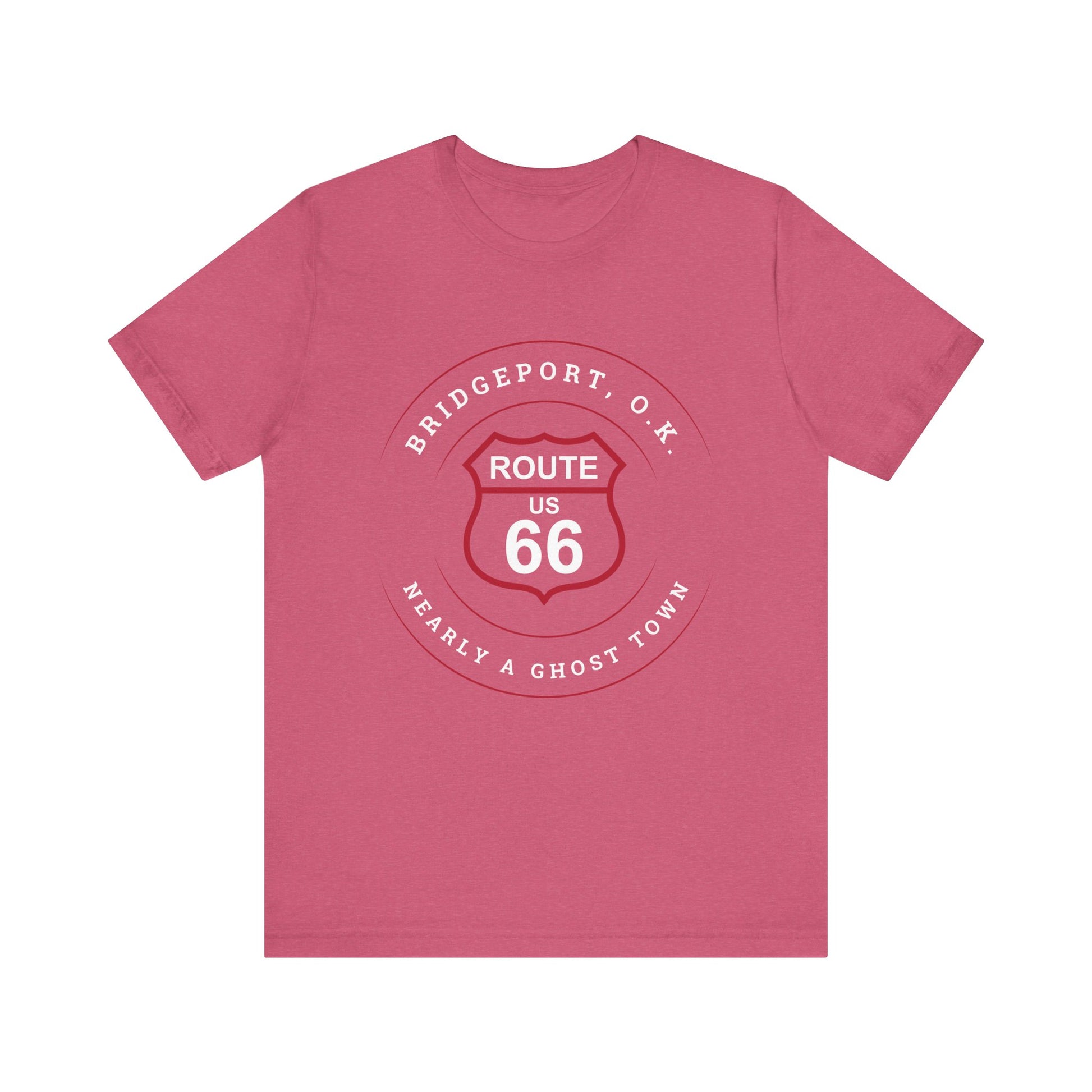 Heather raspberry retro Route 66 unisex jersey tee with Bridgeport, OK "Almost a Ghost Town" design