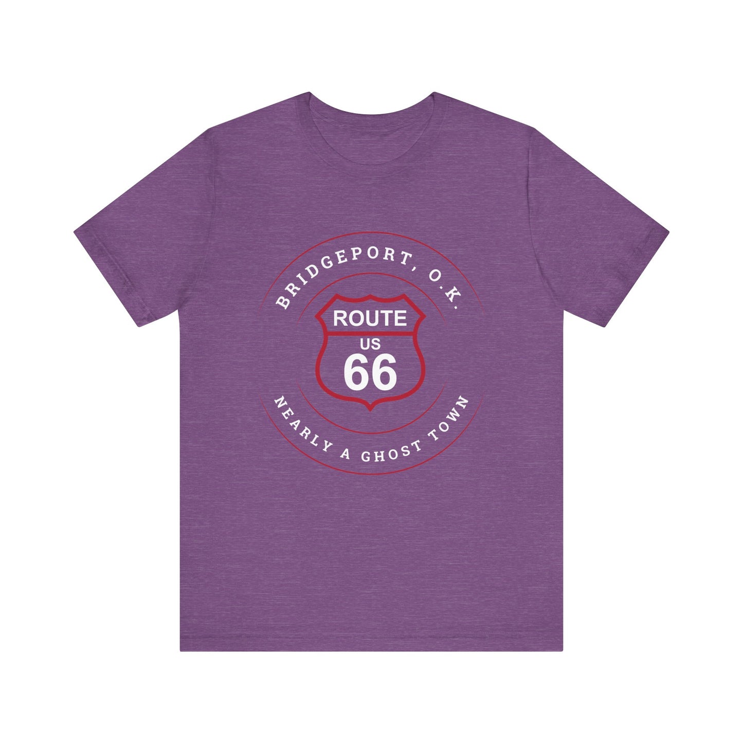 Heather team purple retro Route 66 unisex jersey tee with Bridgeport, OK "Almost a Ghost Town" design