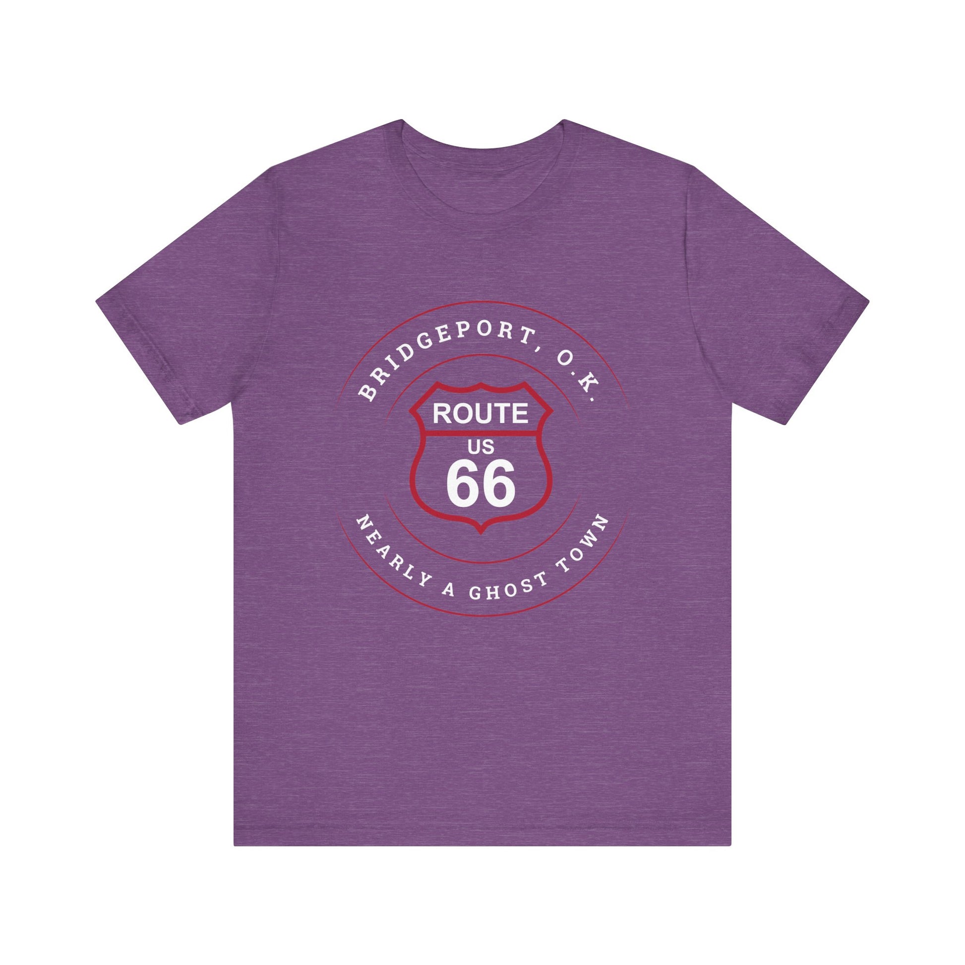 Heather team purple retro Route 66 unisex jersey tee with Bridgeport, OK "Almost a Ghost Town" design