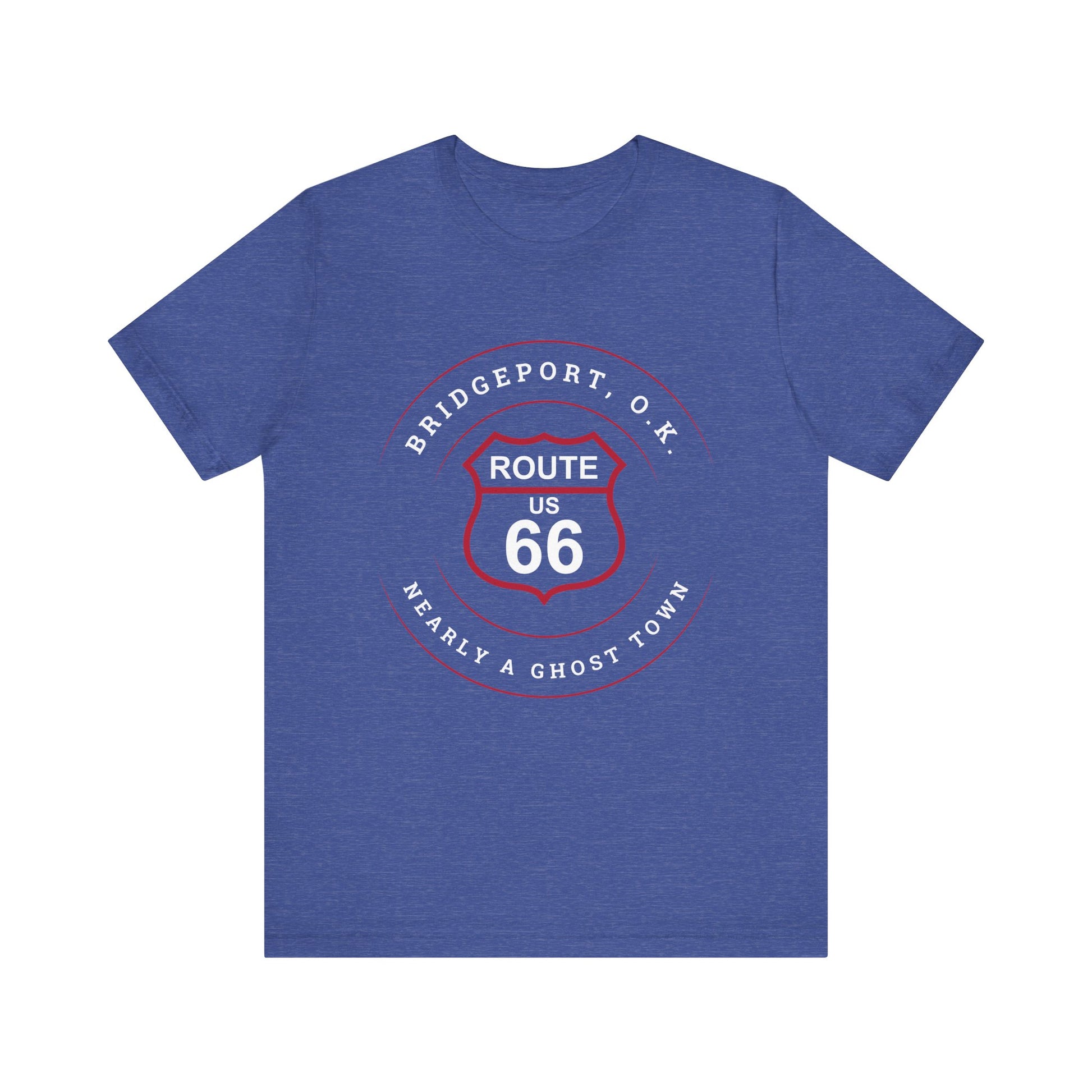 Heather true royal retro Route 66 unisex jersey tee with Bridgeport, OK "Almost a Ghost Town" design