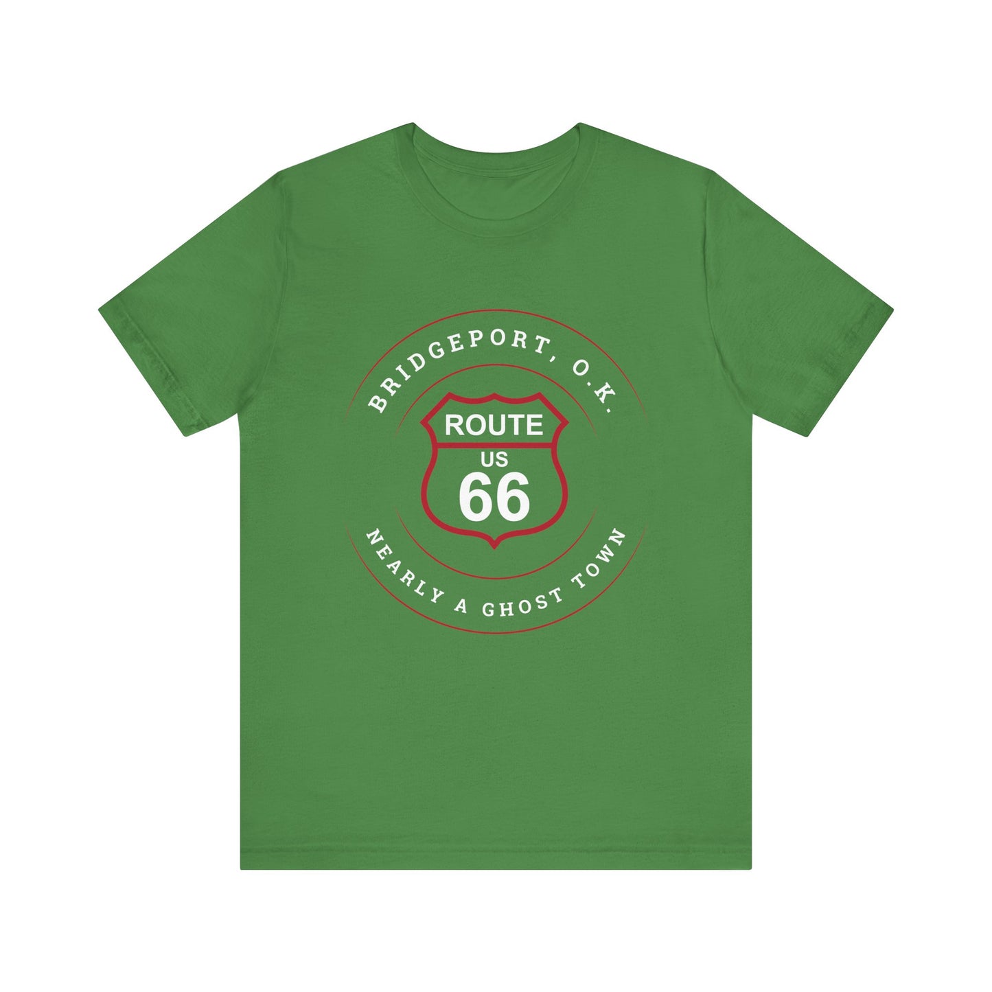 Leaf retro Route 66 unisex jersey tee with Bridgeport, OK "Almost a Ghost Town" design