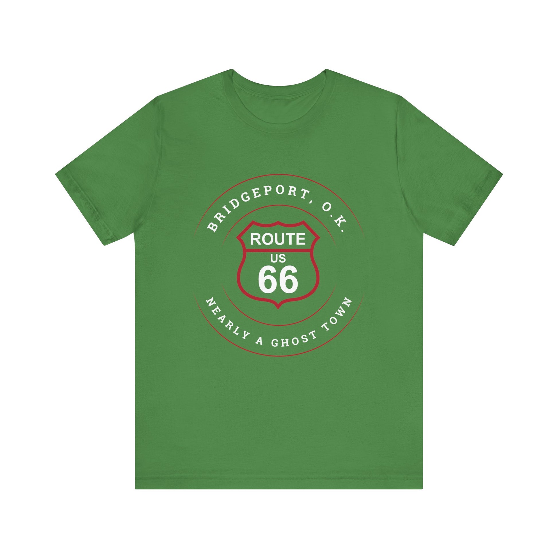 Leaf retro Route 66 unisex jersey tee with Bridgeport, OK "Almost a Ghost Town" design
