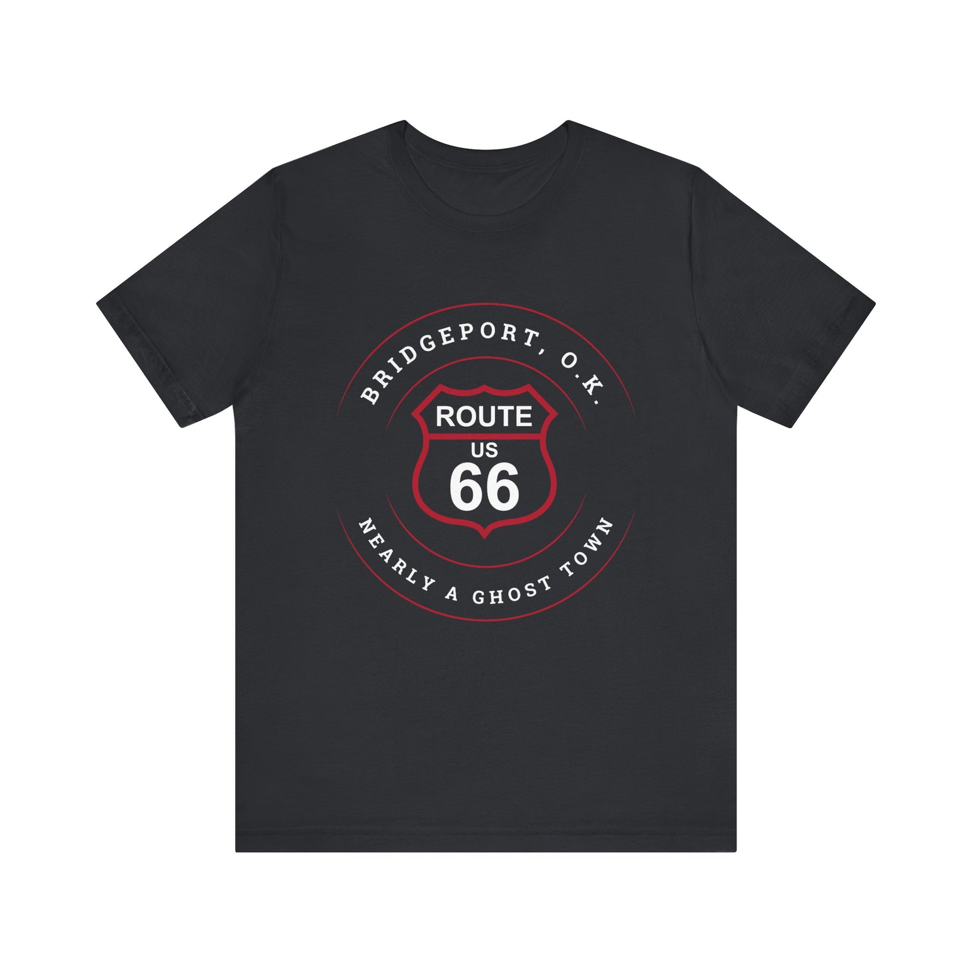 Vintage black retro Route 66 unisex jersey tee with Bridgeport, OK "Almost a Ghost Town" design