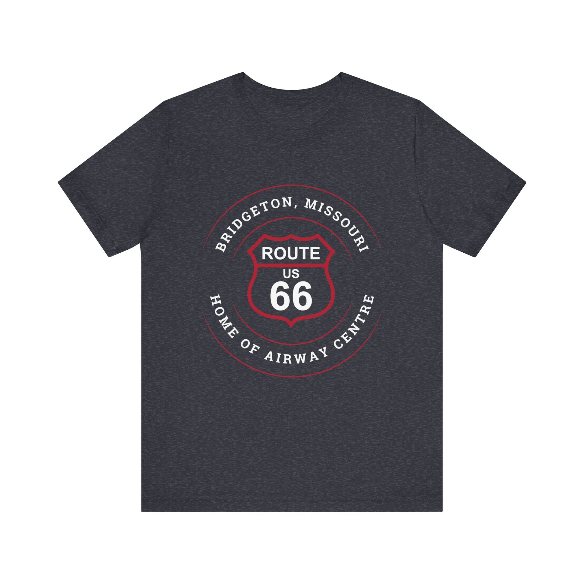 Heather navy retro Route 66 unisex jersey tee with Bridgeton, MO: "Home of Airway Centre" design