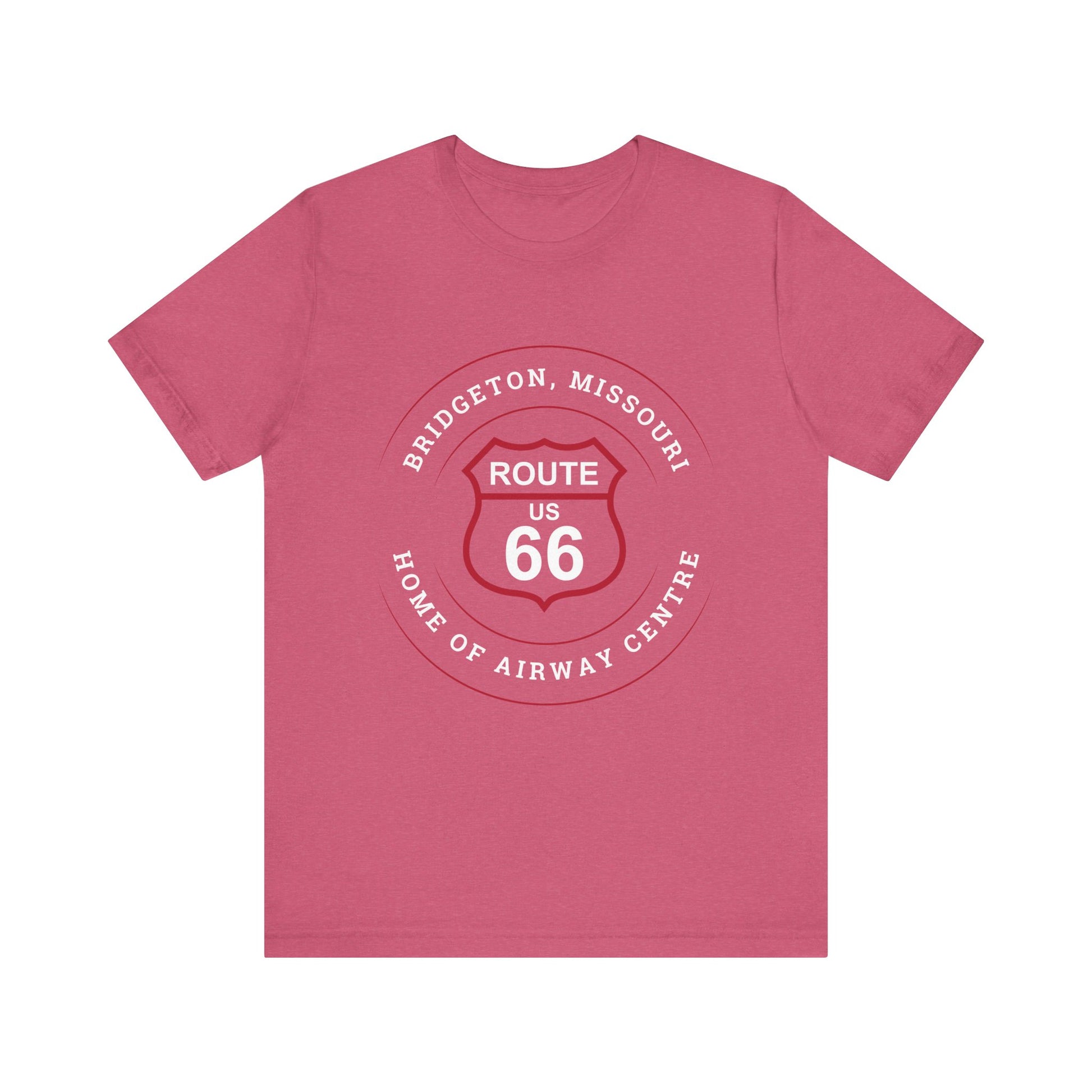 Heather raspberry retro Route 66 unisex jersey tee with Bridgeton, MO: "Home of Airway Centre" design
