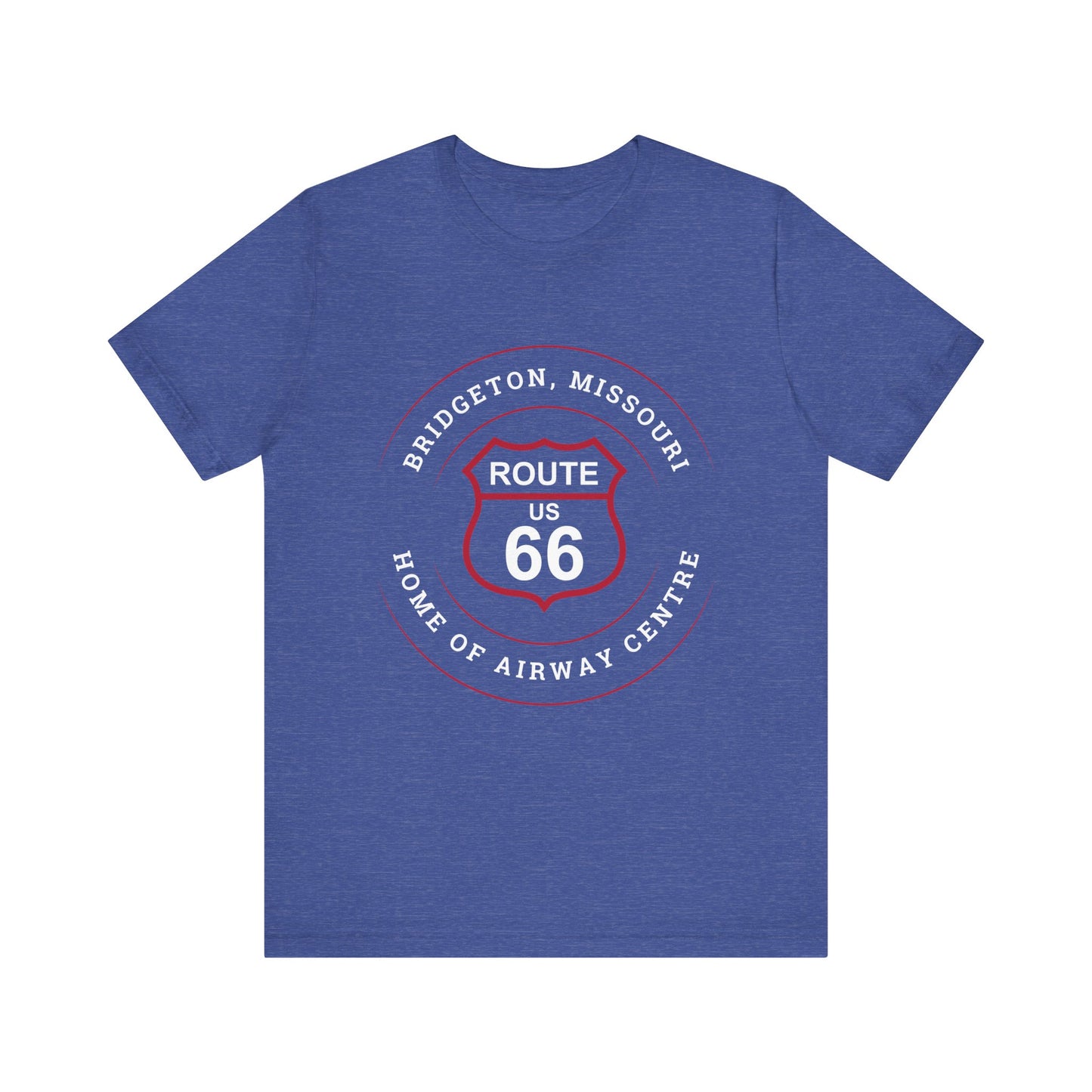 Heather true royal retro Route 66 unisex jersey tee with Bridgeton, MO: "Home of Airway Centre" design