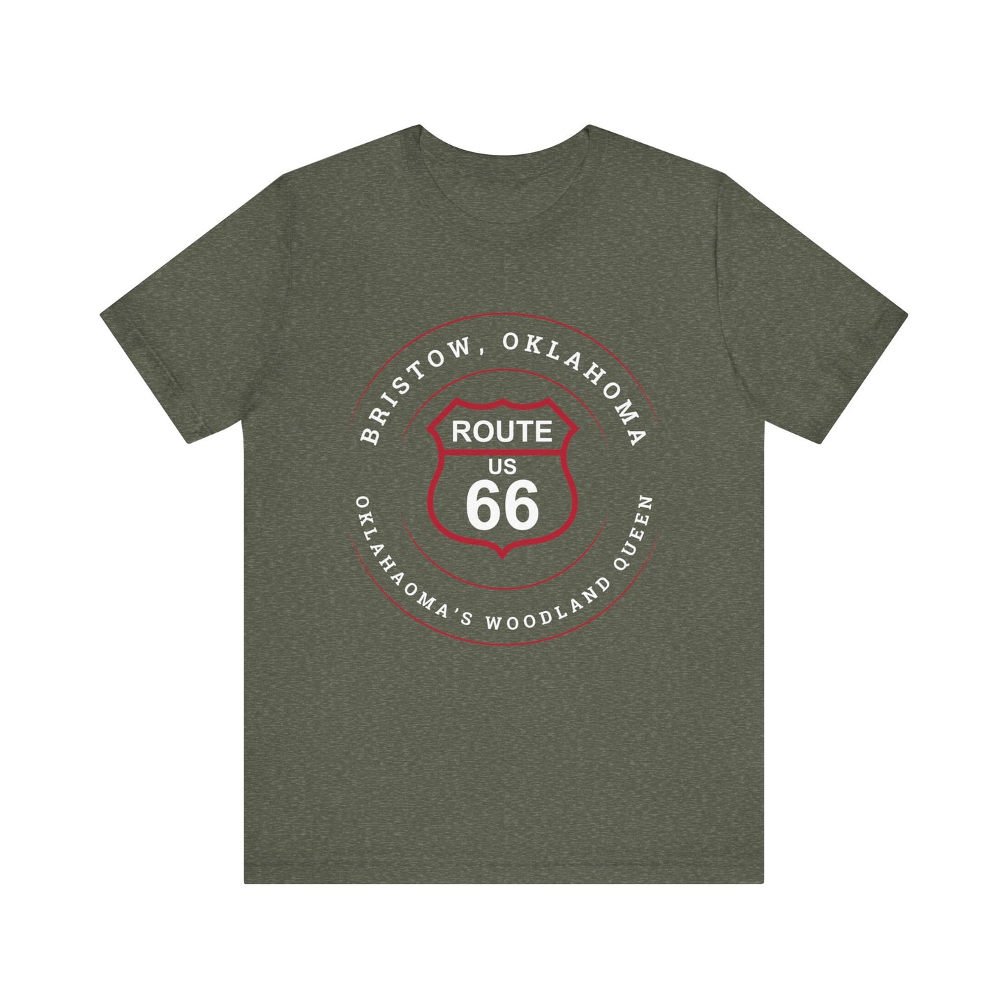 Heather military green retro Route 66 unisex jersey tee with Bristow, OK "Oklahoma's Woodland Queen" design