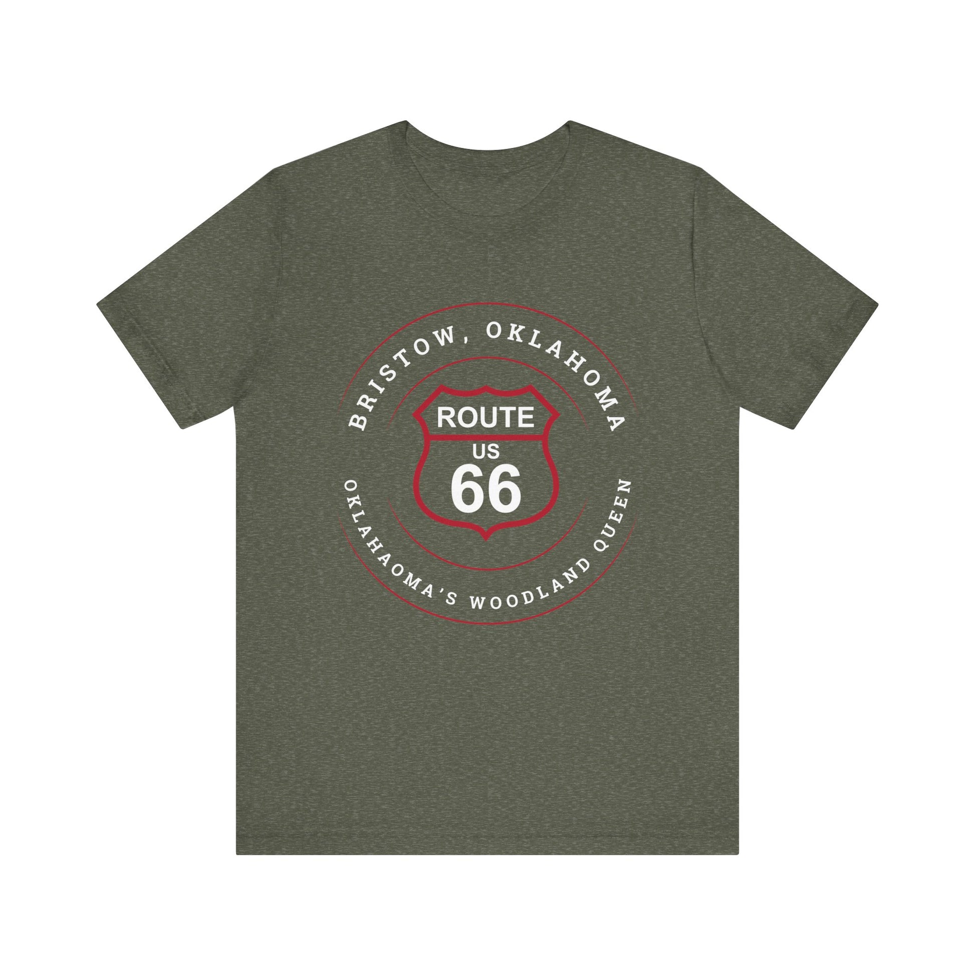 Heather military green retro Route 66 unisex jersey tee with Bristow, OK "Oklahoma's Woodland Queen" design