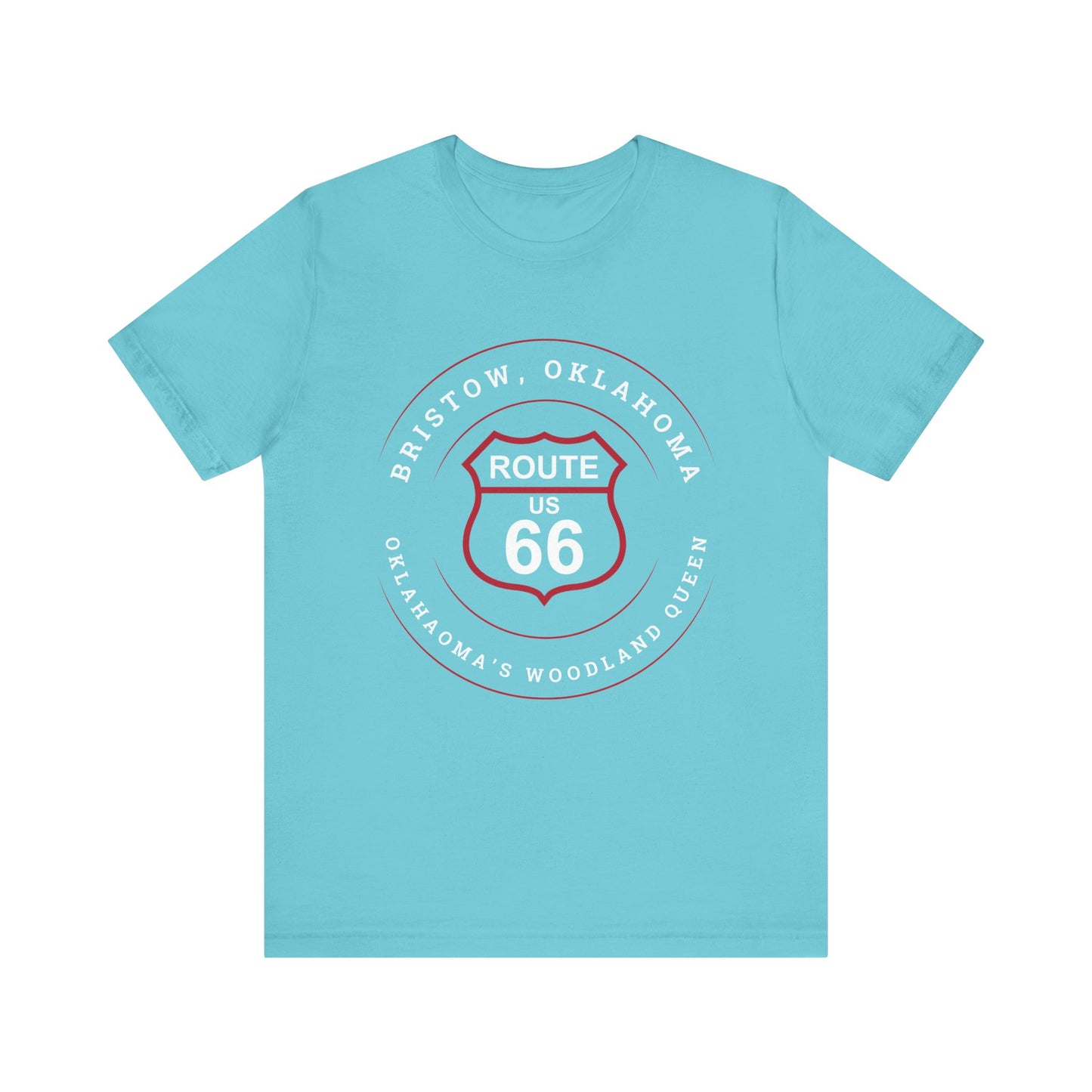 Turquoise retro Route 66 unisex jersey tee with Bristow, OK "Oklahoma's Woodland Queen" design