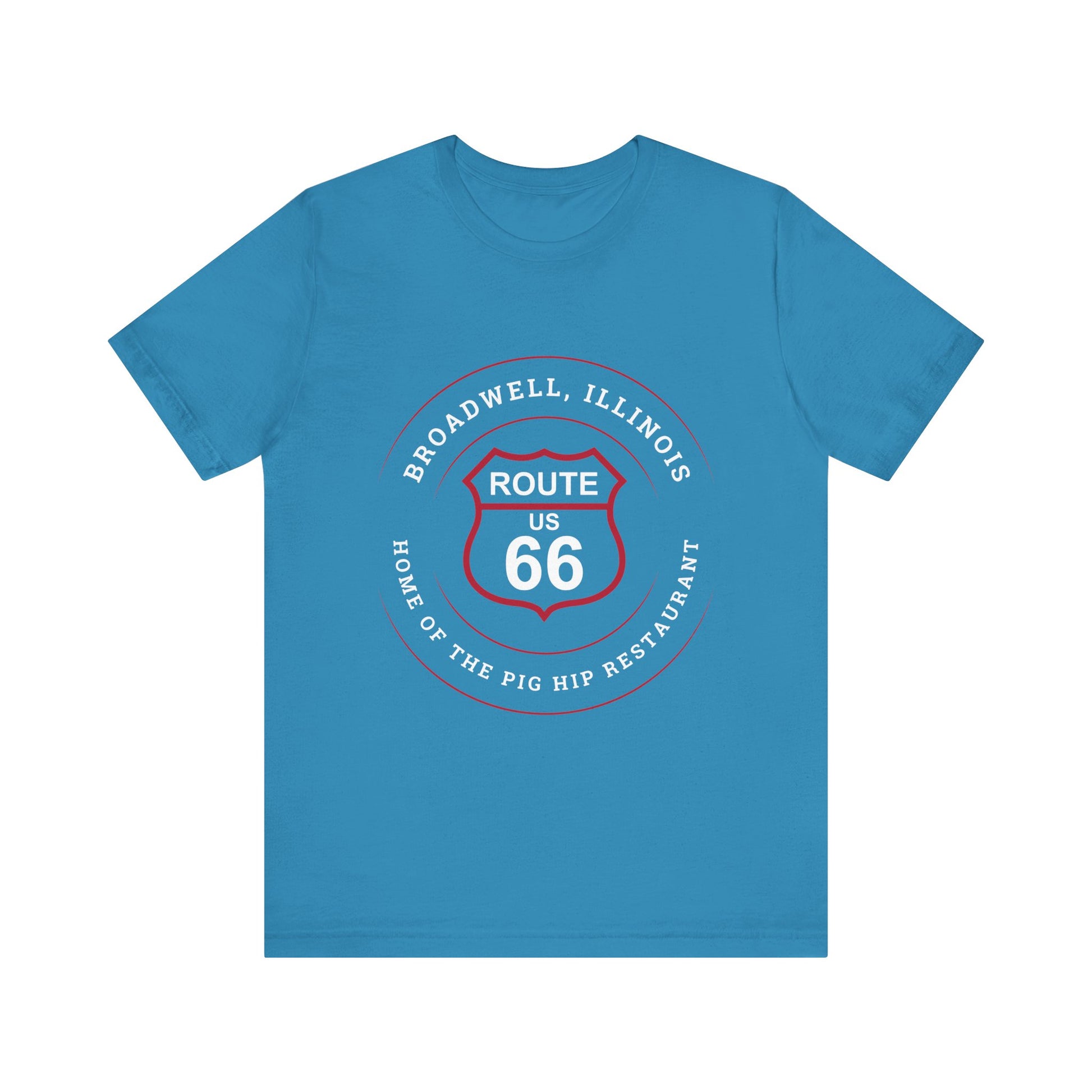 Aqua retro Route 66 unisex jersey tee with Broadwell, IL: "Home of the Pig Hip Restaurant" design