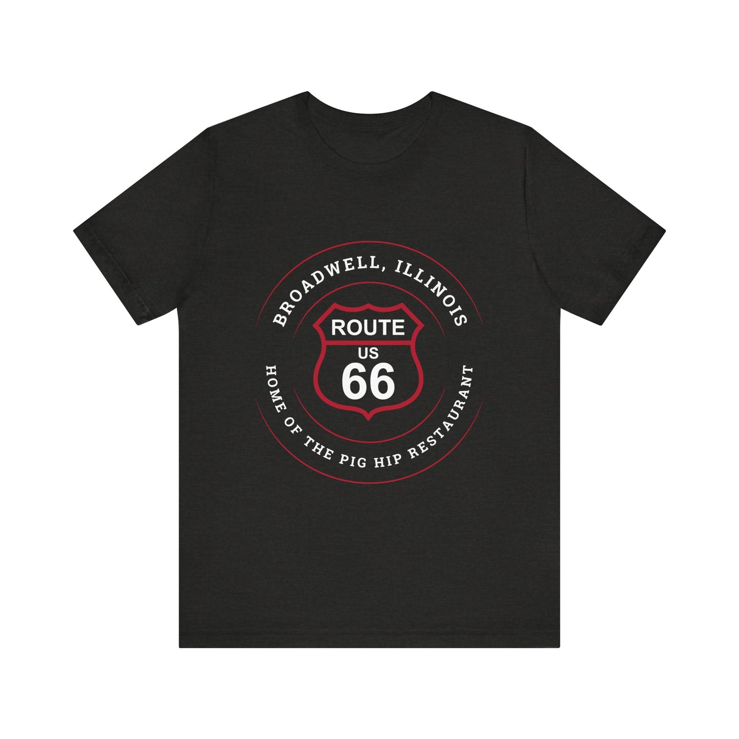 Black heather retro Route 66 unisex jersey tee with Broadwell, IL: "Home of the Pig Hip Restaurant" design