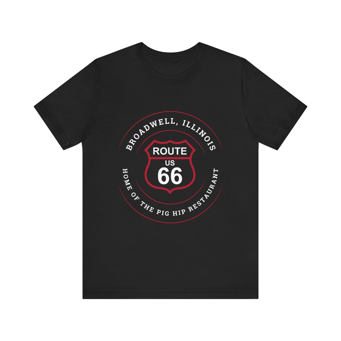 Black retro Route 66 unisex jersey tee with Broadwell, IL: "Home of the Pig Hip Restaurant" design