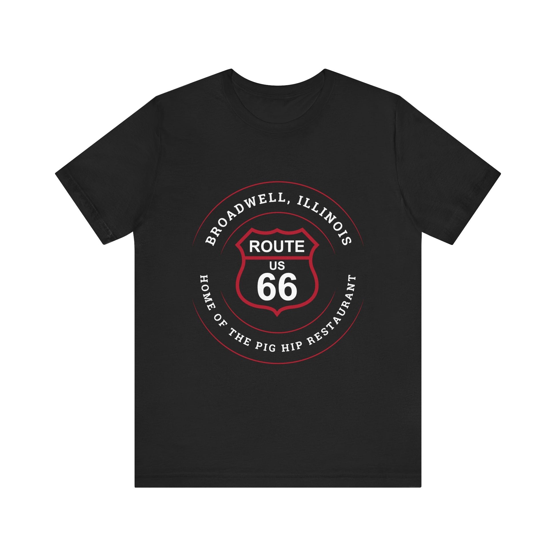 Black retro Route 66 unisex jersey tee with Broadwell, IL: "Home of the Pig Hip Restaurant" design