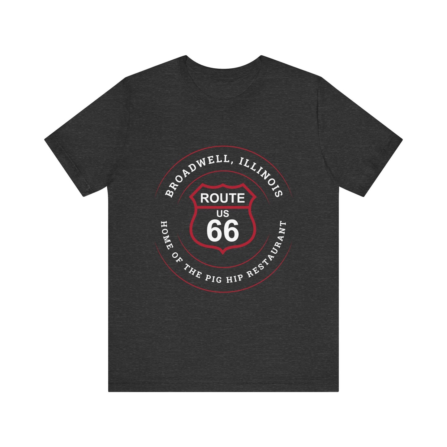 Dark grey heather retro Route 66 unisex jersey tee with Broadwell, IL: "Home of the Pig Hip Restaurant" design