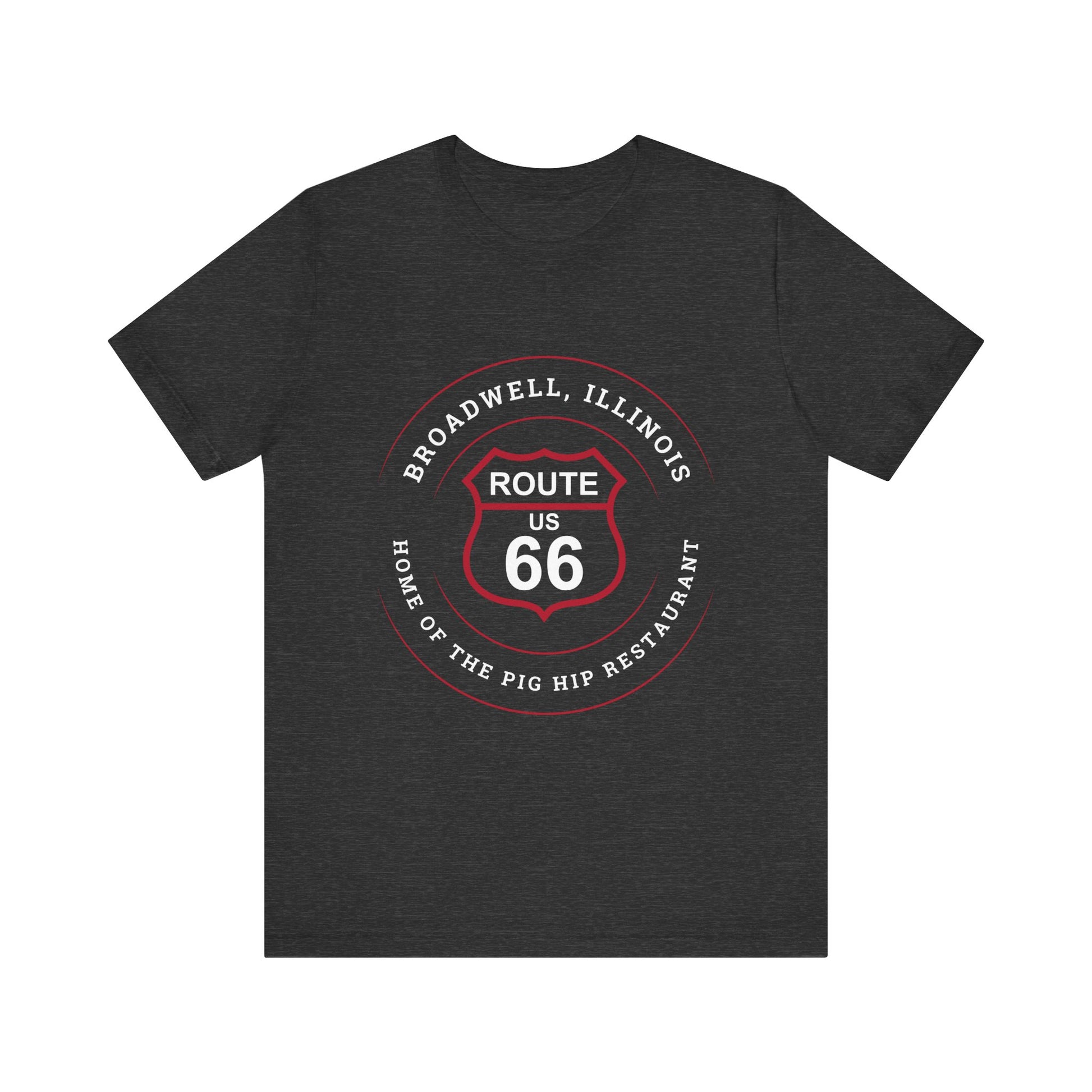 Dark grey heather retro Route 66 unisex jersey tee with Broadwell, IL: "Home of the Pig Hip Restaurant" design