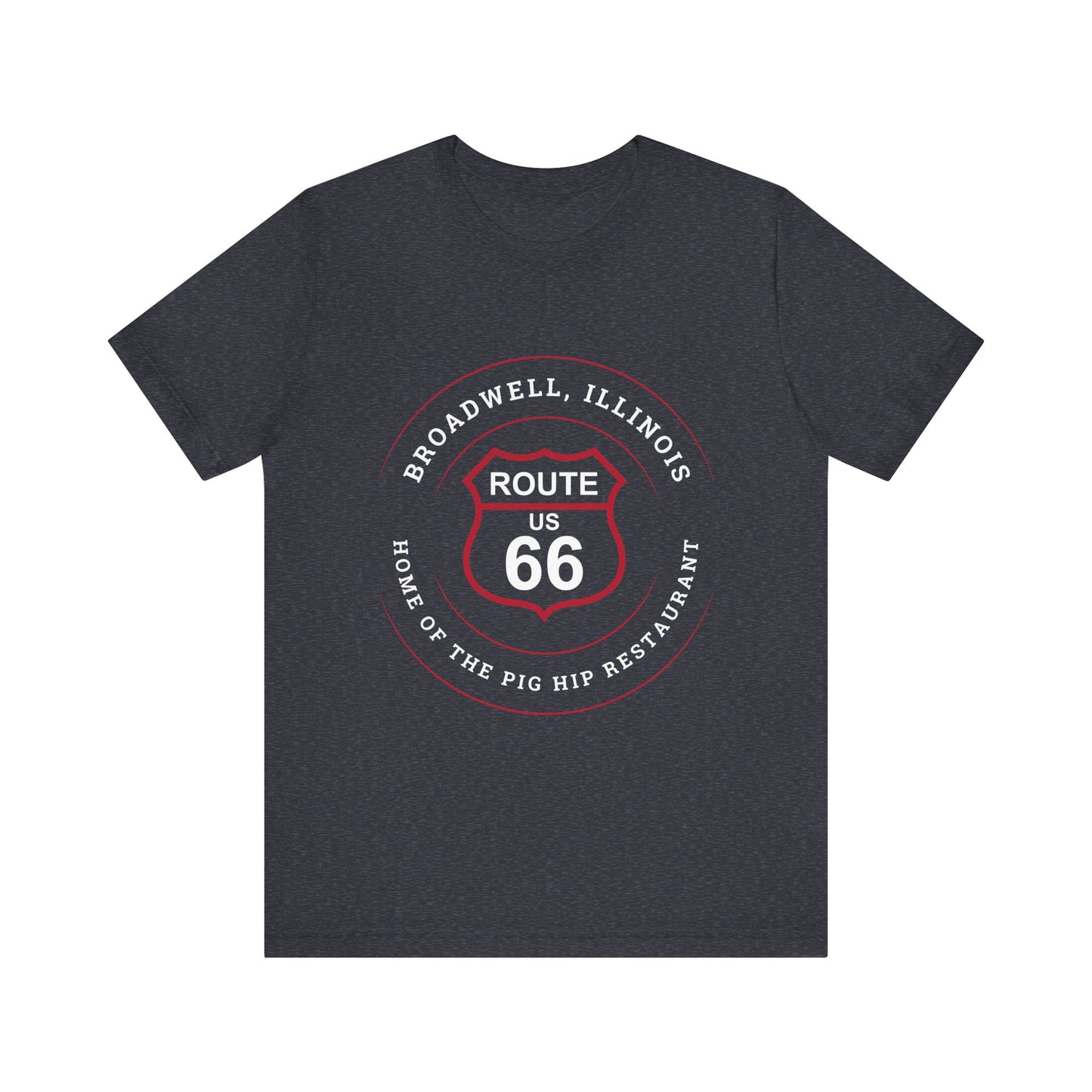 Heather navy retro Route 66 unisex jersey tee with Broadwell, IL: "Home of the Pig Hip Restaurant" design