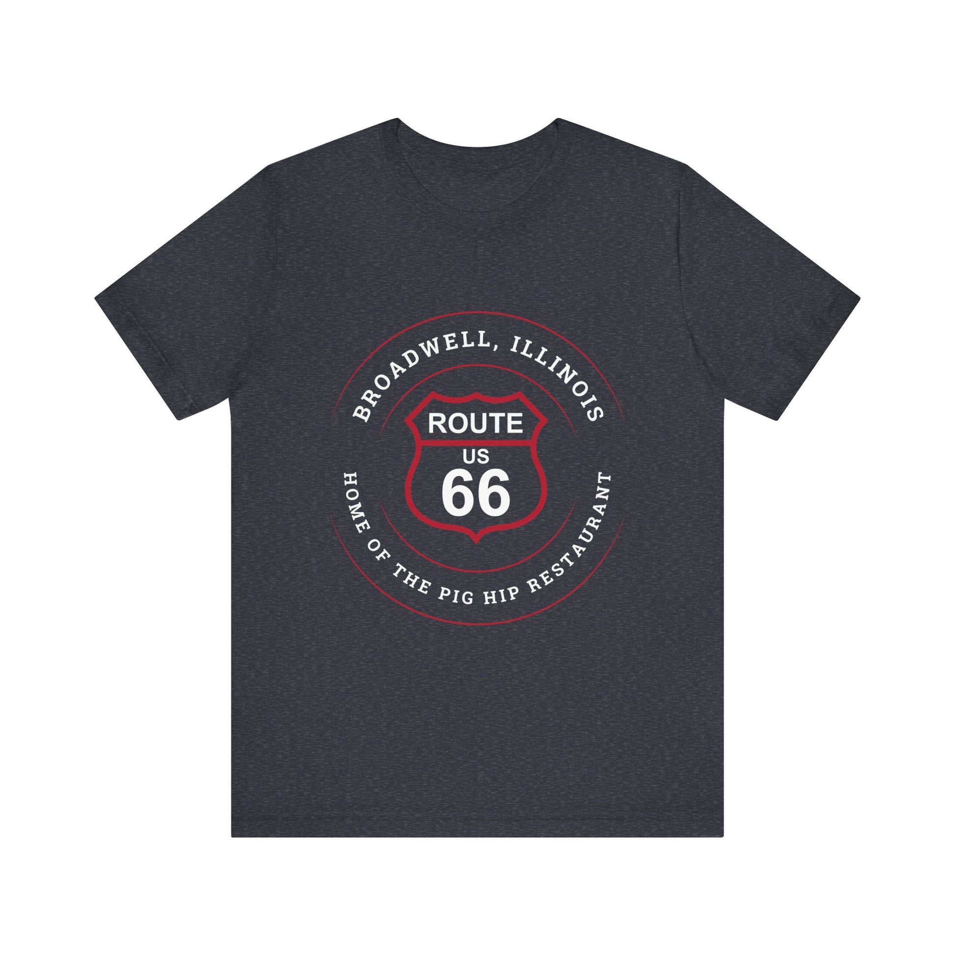 Heather navy retro Route 66 unisex jersey tee with Broadwell, IL: "Home of the Pig Hip Restaurant" design