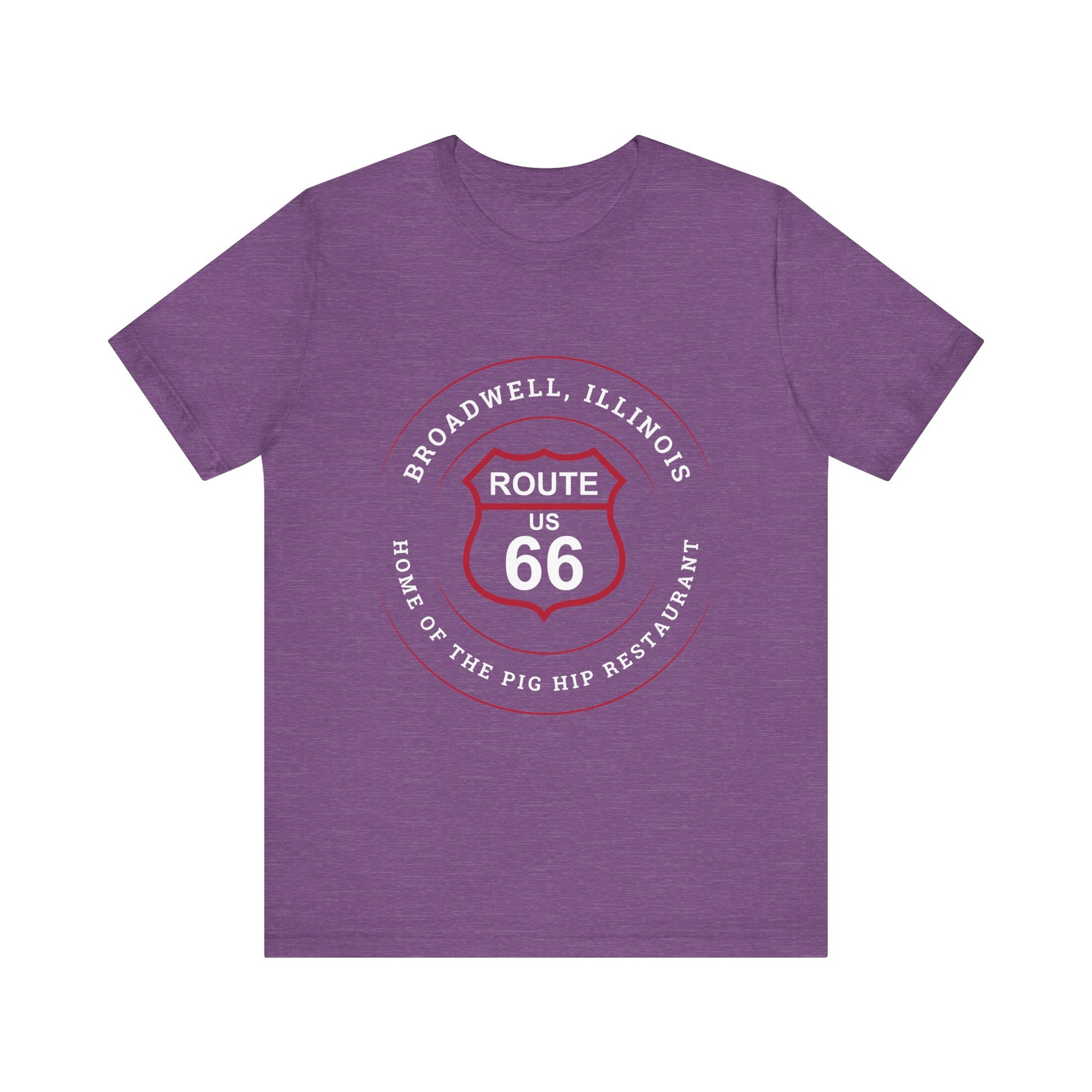 Heather team purple retro Route 66 unisex jersey tee with Broadwell, IL: "Home of the Pig Hip Restaurant" design
