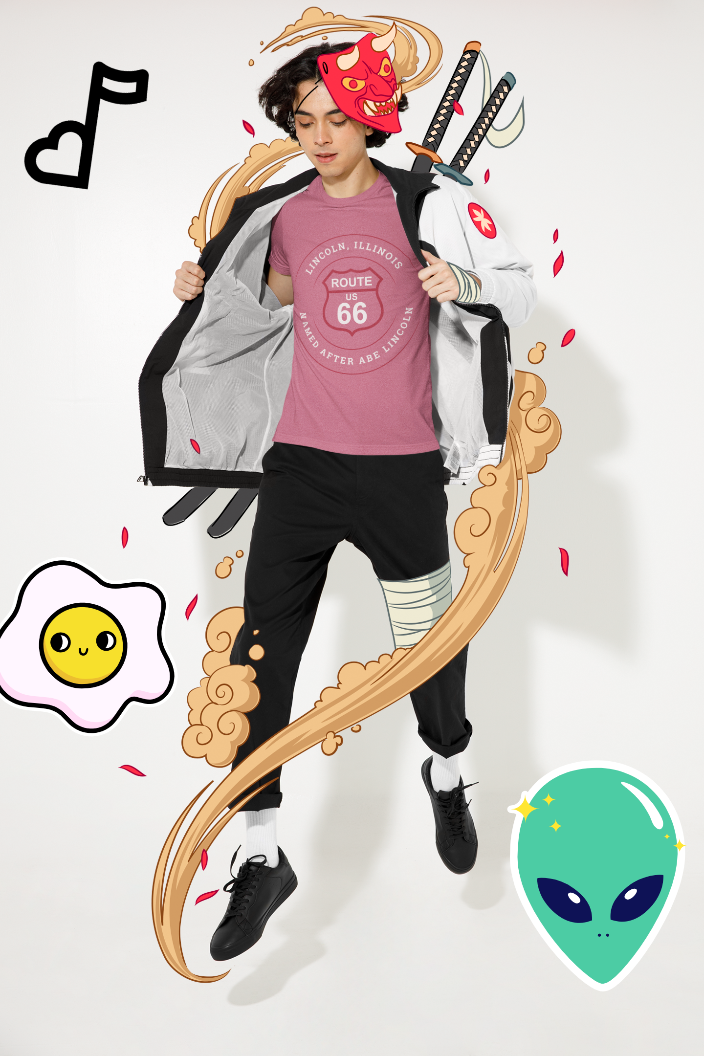 Female model wearing a heather team purple retro Route 66 unisex jersey tee with a Lincoln, IL: "Named After Abe Lincoln" design, shown on a man with a stylized, illustrated background including a floating musical note shaped as a heart, a cartoon fried egg, a red oni mask, a katana and a green alien head from Area 51