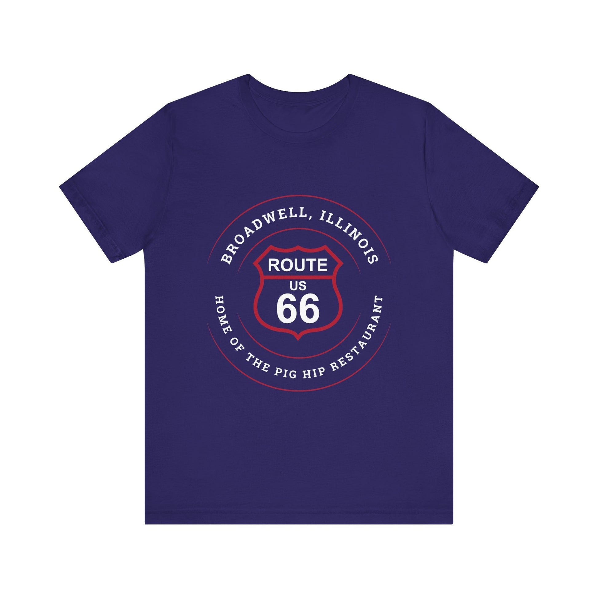 Team navy retro Route 66 unisex jersey tee with Broadwell, IL: "Home of the Pig Hip Restaurant" design
