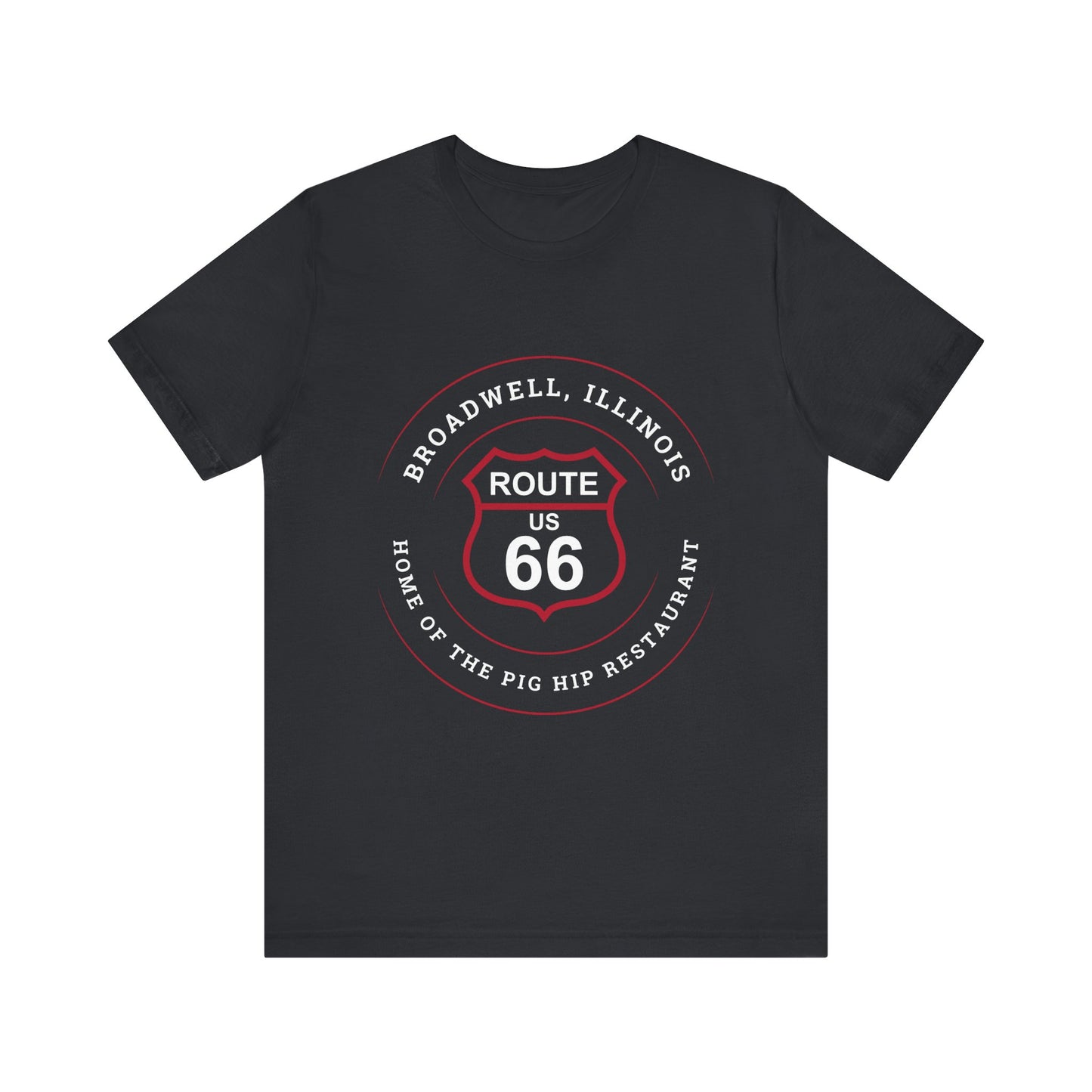 Vintage black retro Route 66 unisex jersey tee with Broadwell, IL: "Home of the Pig Hip Restaurant" design
