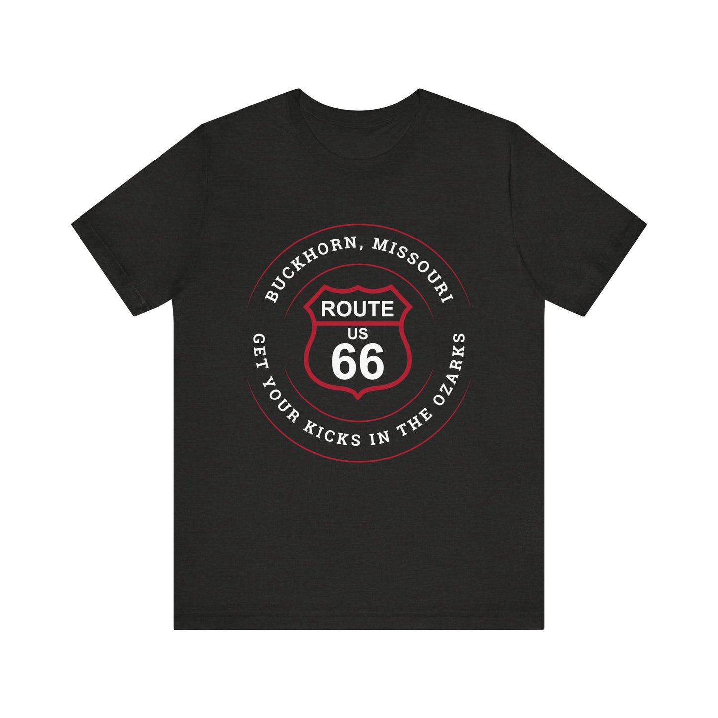 Black heather retro Route 66 unisex jersey tee with Buckhorn, MO: "Get Your Kicks in the Ozarks" design