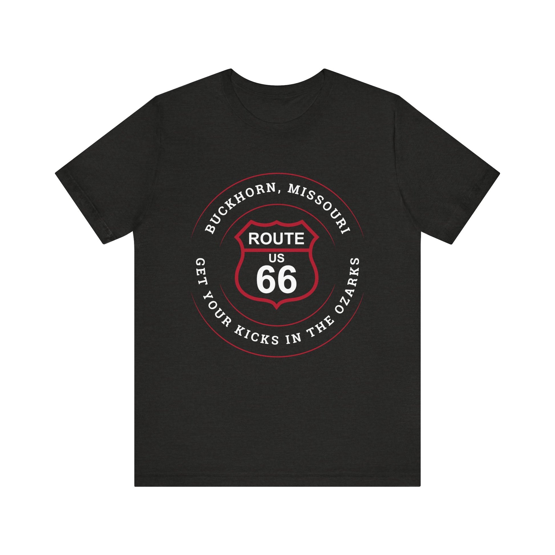 Black heather retro Route 66 unisex jersey tee with Buckhorn, MO: "Get Your Kicks in the Ozarks" design