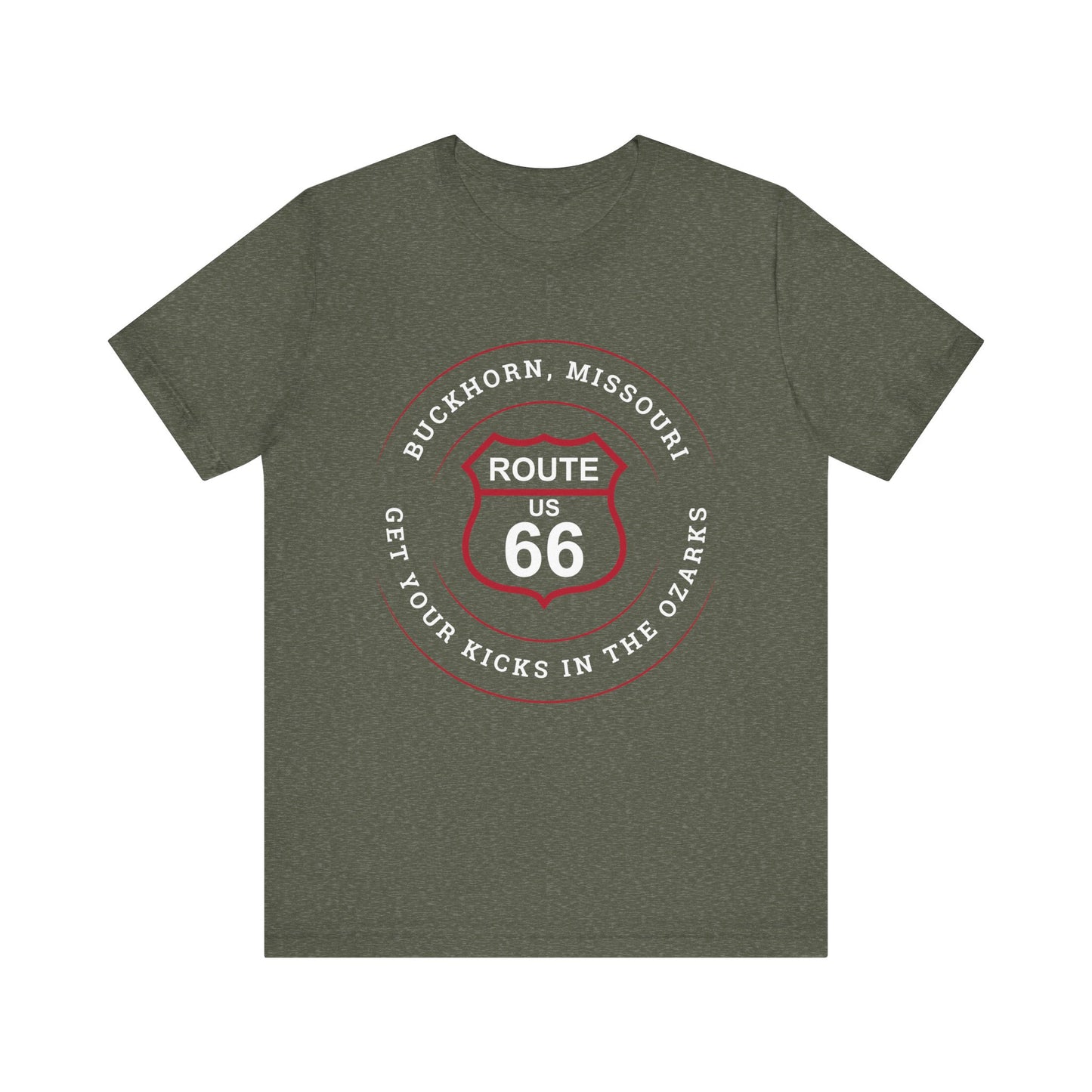 Heather military green retro Route 66 unisex jersey tee with Buckhorn, MO: "Get Your Kicks in the Ozarks" design