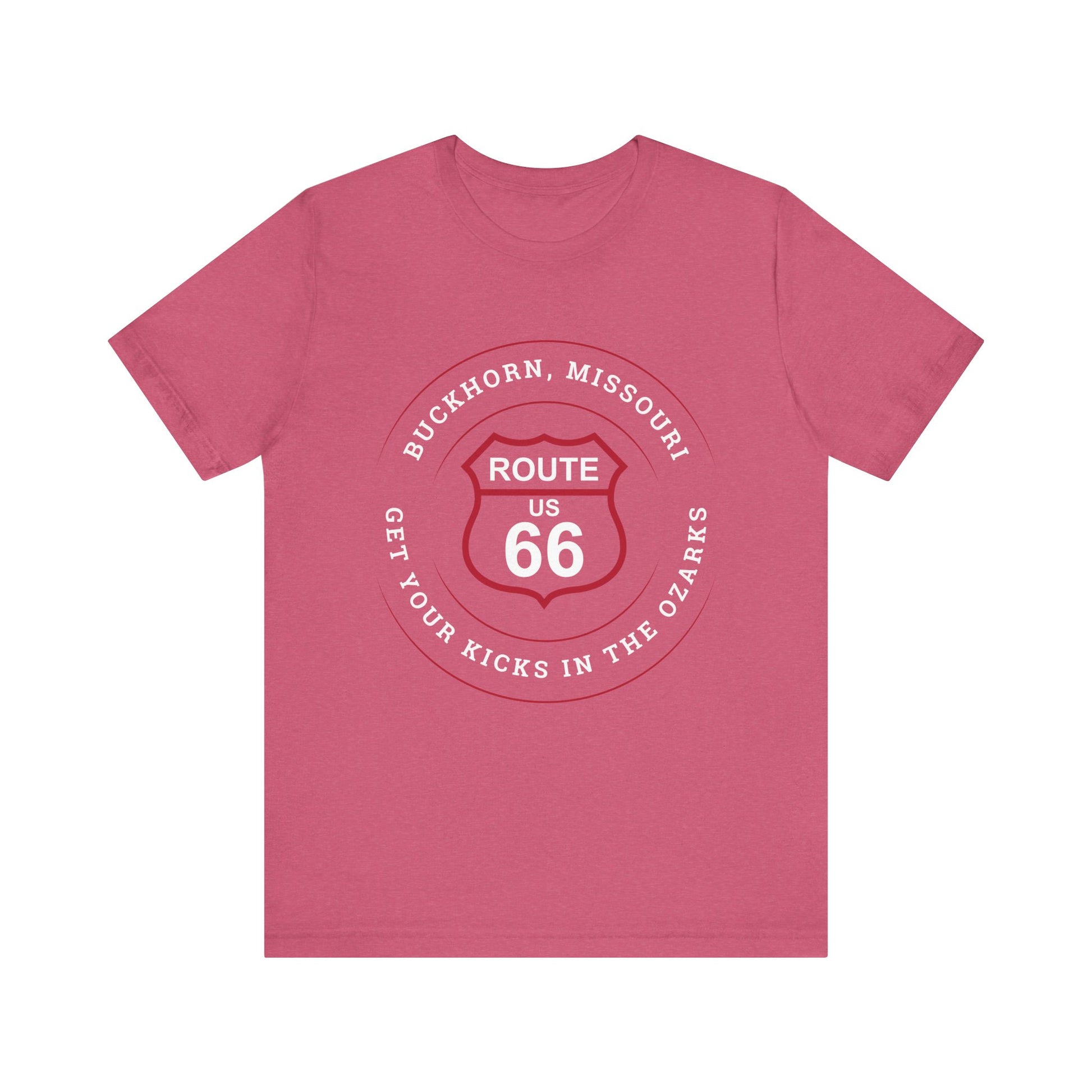 Heather raspberry retro Route 66 unisex jersey tee with Buckhorn, MO: "Get Your Kicks in the Ozarks" design