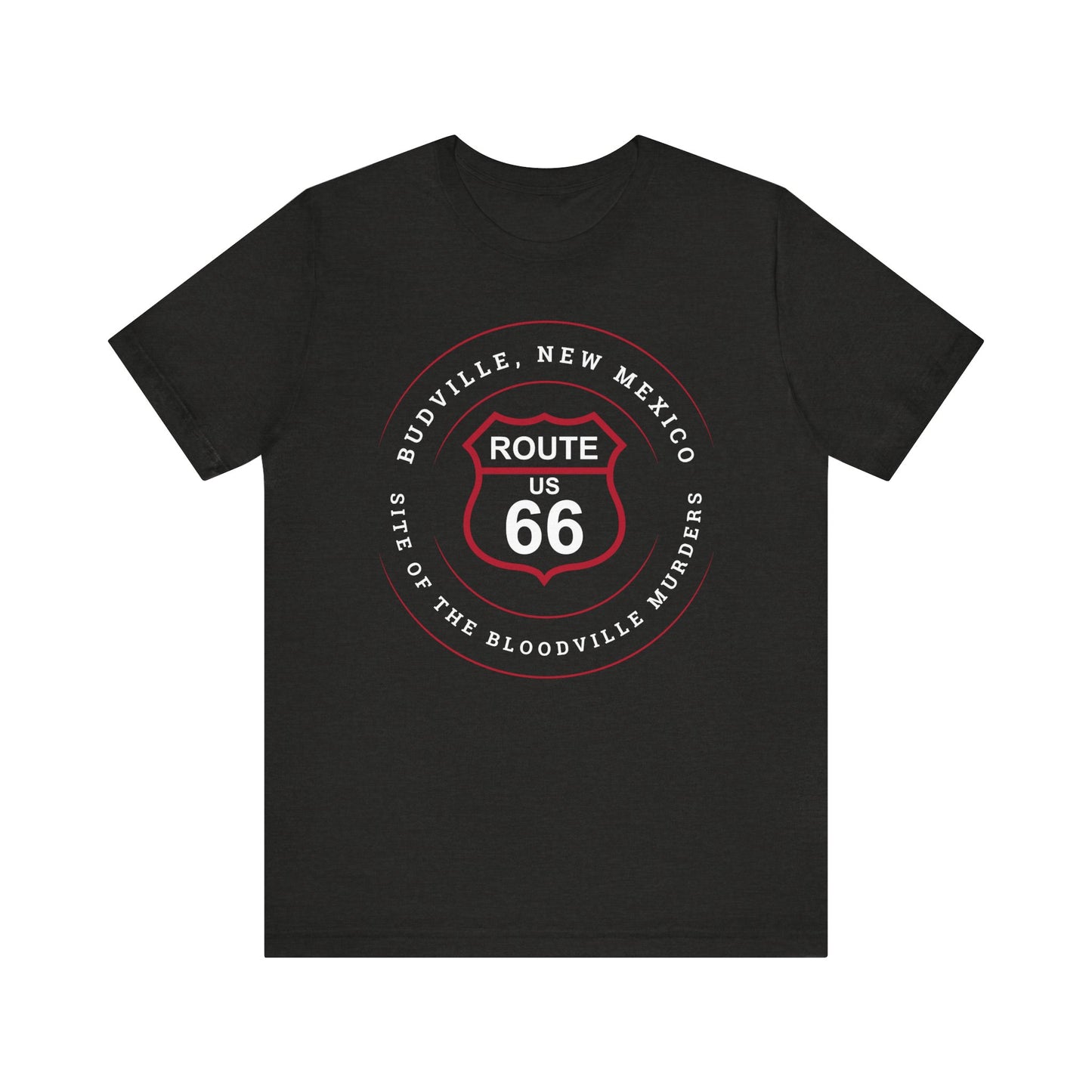 Black heather retro Route 66 unisex jersey tee with Budville, NM: Site of the Bloodville Murders