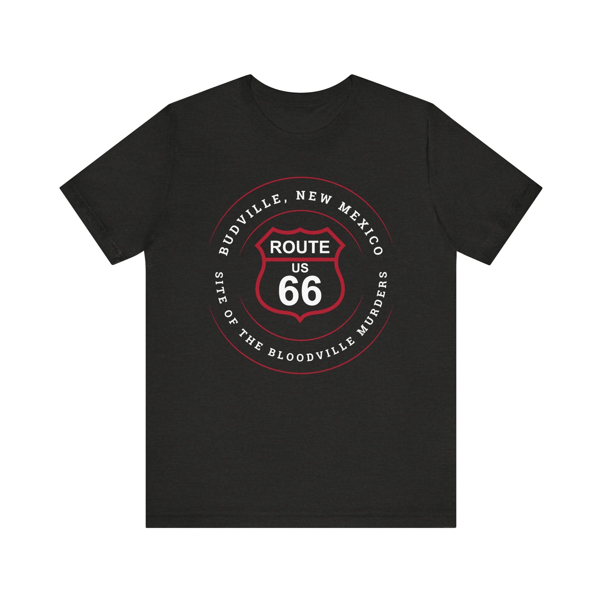 Black heather retro Route 66 unisex jersey tee with Budville, NM: Site of the Bloodville Murders