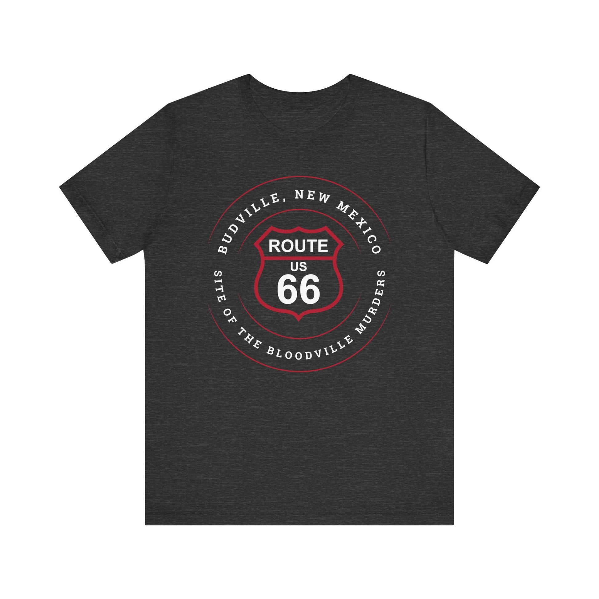 Dark grey heather retro Route 66 unisex jersey tee with Budville, NM: Site of the Bloodville Murders